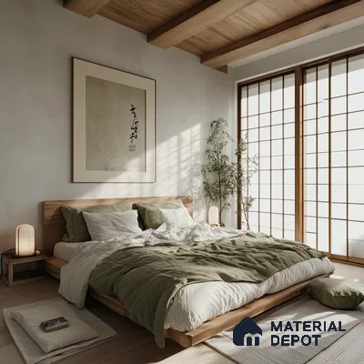 Sun-Drenched Minimalist Bedroom Design with Natural Wood Accents With Green Plant Prestige Finsbury Park Bagalur | Material Depot