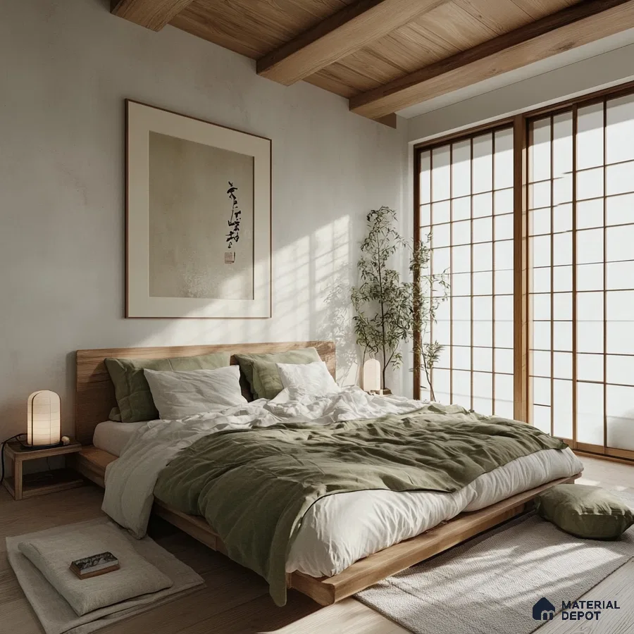 Sun-Drenched Minimalist Bedroom Design with Natural Wood Accents With Green Plant Prestige Finsbury Park Bagalur | Material Depot