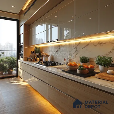 Sunlit Luxury Kitchen with Marble Highlights and City View | Material Depot