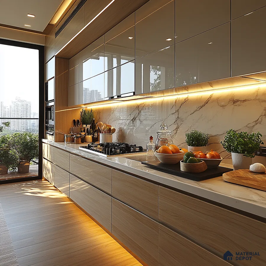 Sunlit Luxury Kitchen with Marble Highlights and City View | Material Depot