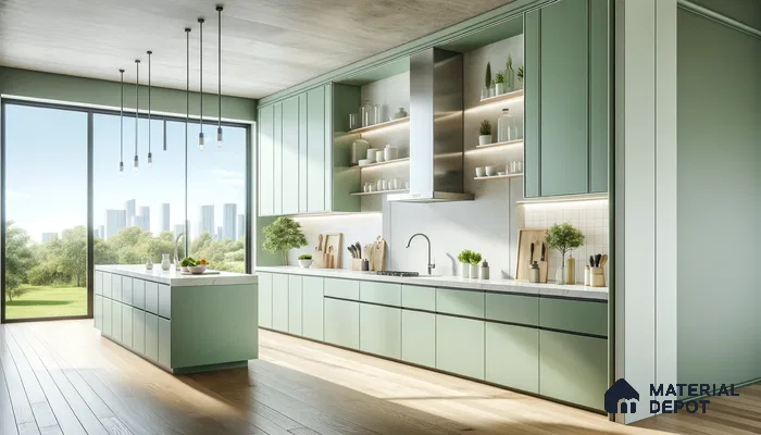 Sunlit Pastel Green Kitchen with Sleek Design and Urban Vista | Material Depot