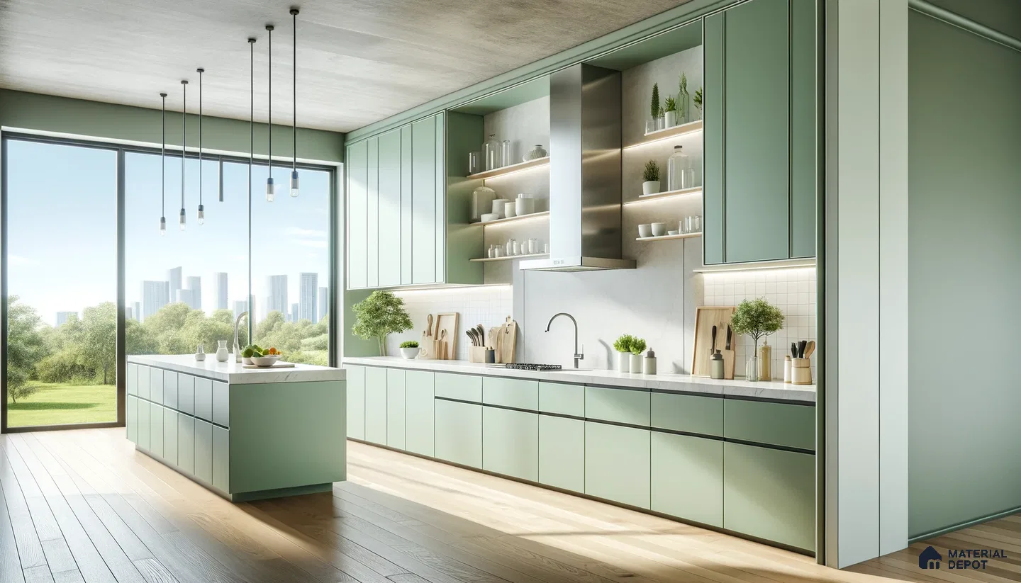 Sunlit Pastel Green Kitchen with Sleek Design and Urban Vista | Material Depot