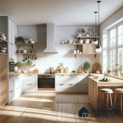 Sunlit Scandinavian Kitchen: Airy, Natural Wood Meets Crisp White Tiles | Material Depot