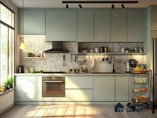Sunlit Scandinavian Kitchen with Soft Pastel Cabinets and Mosaic Backsplash | Material Depot
