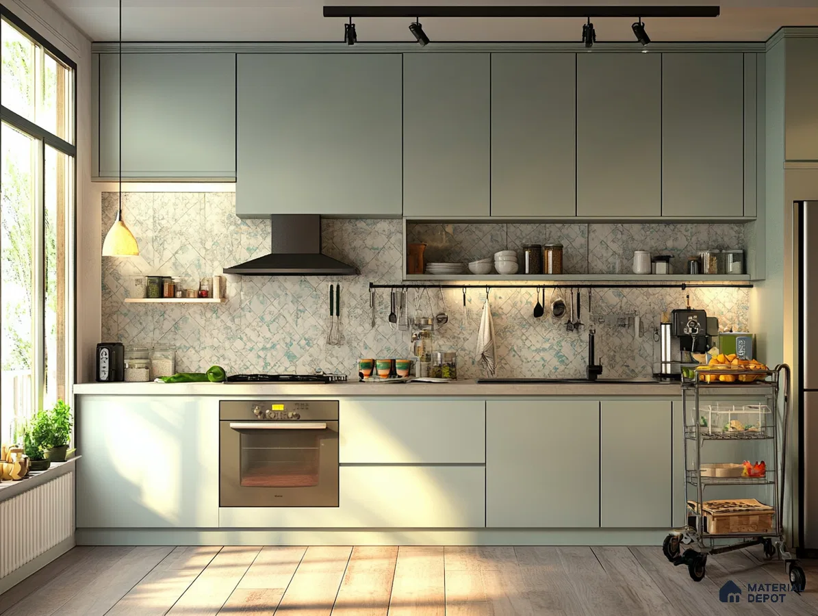 Sunlit Scandinavian Kitchen with Soft Pastel Cabinets and Mosaic Backsplash | Material Depot