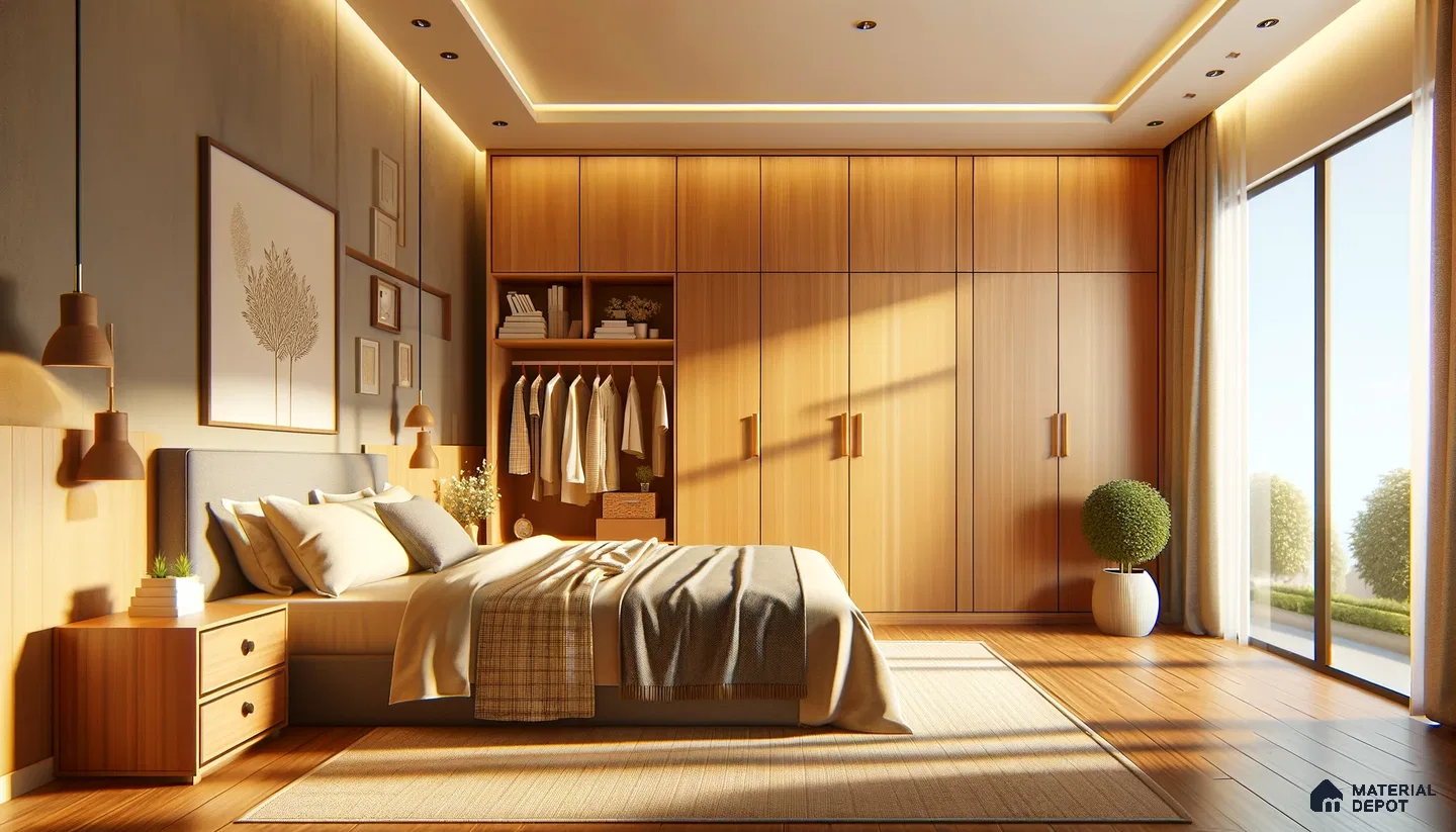 Sunlit Traditional Bedroom with Timeless Wood Laminates and Nature-Inspired Accents | Material Depot