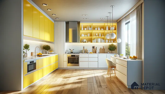 Sunny Modern Kitchen with Vibrant Accents and Natural Wood Flooring | Material Depot