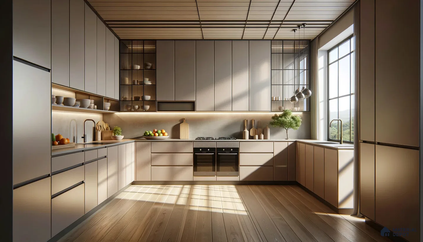 Sunset Glow in Modern Kitchen: Clean Lines Meet Warm Illumination | Material Depot