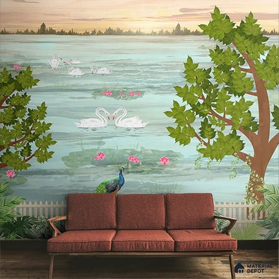 A close-up of a Nature Inspired Indian Design with Swans and Peacock Indrani Series Soft Feel Tropical Design (Customised Size Wallpaper )available at Material Depot in Bangalore