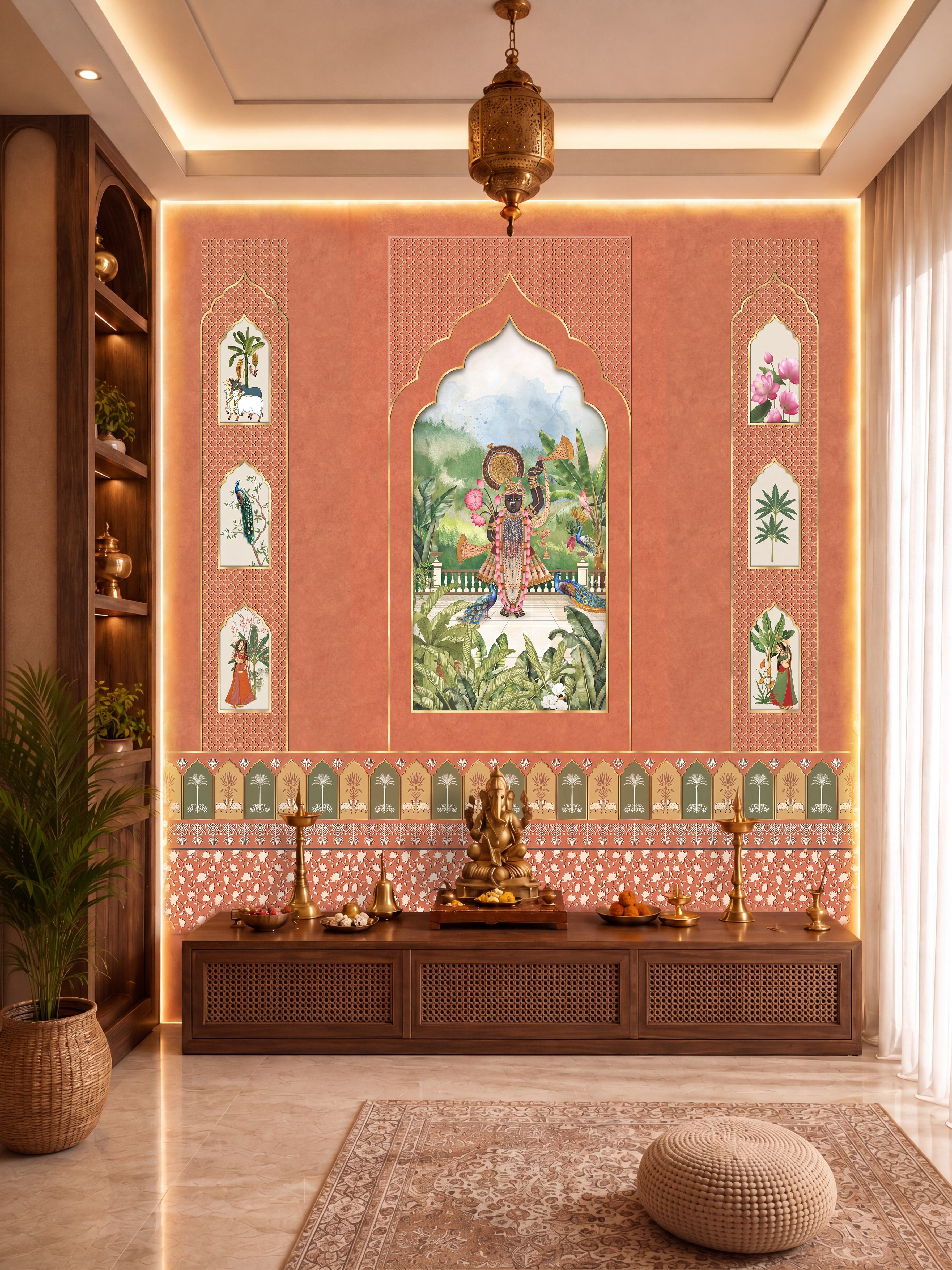 Traditional pooja room with pichwai laminate, wooden cabinet, and marble floor tile