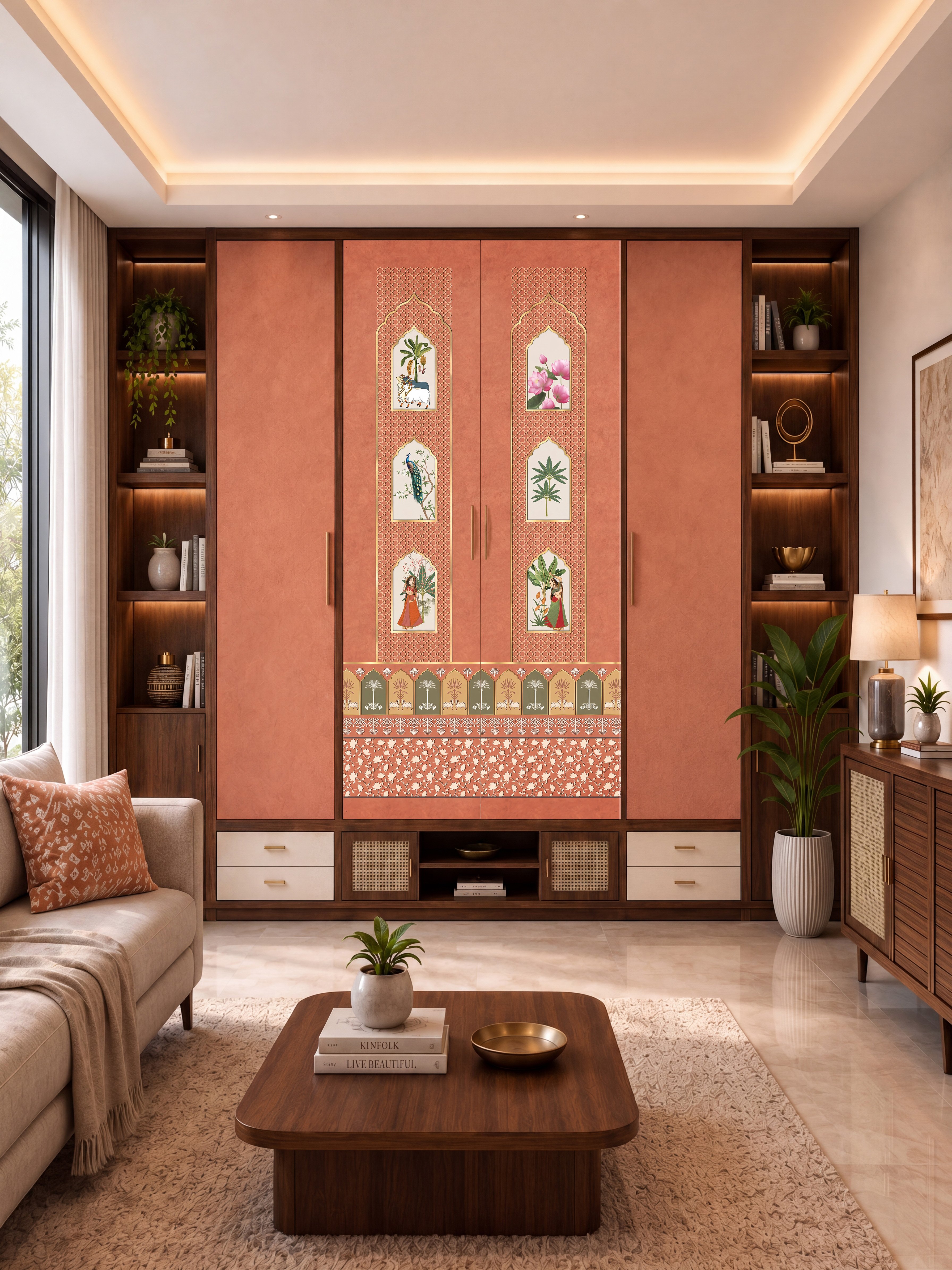 Eclectic living room with terracotta patterned wardrobe laminate, walnut wood shelving, and marble floor tile