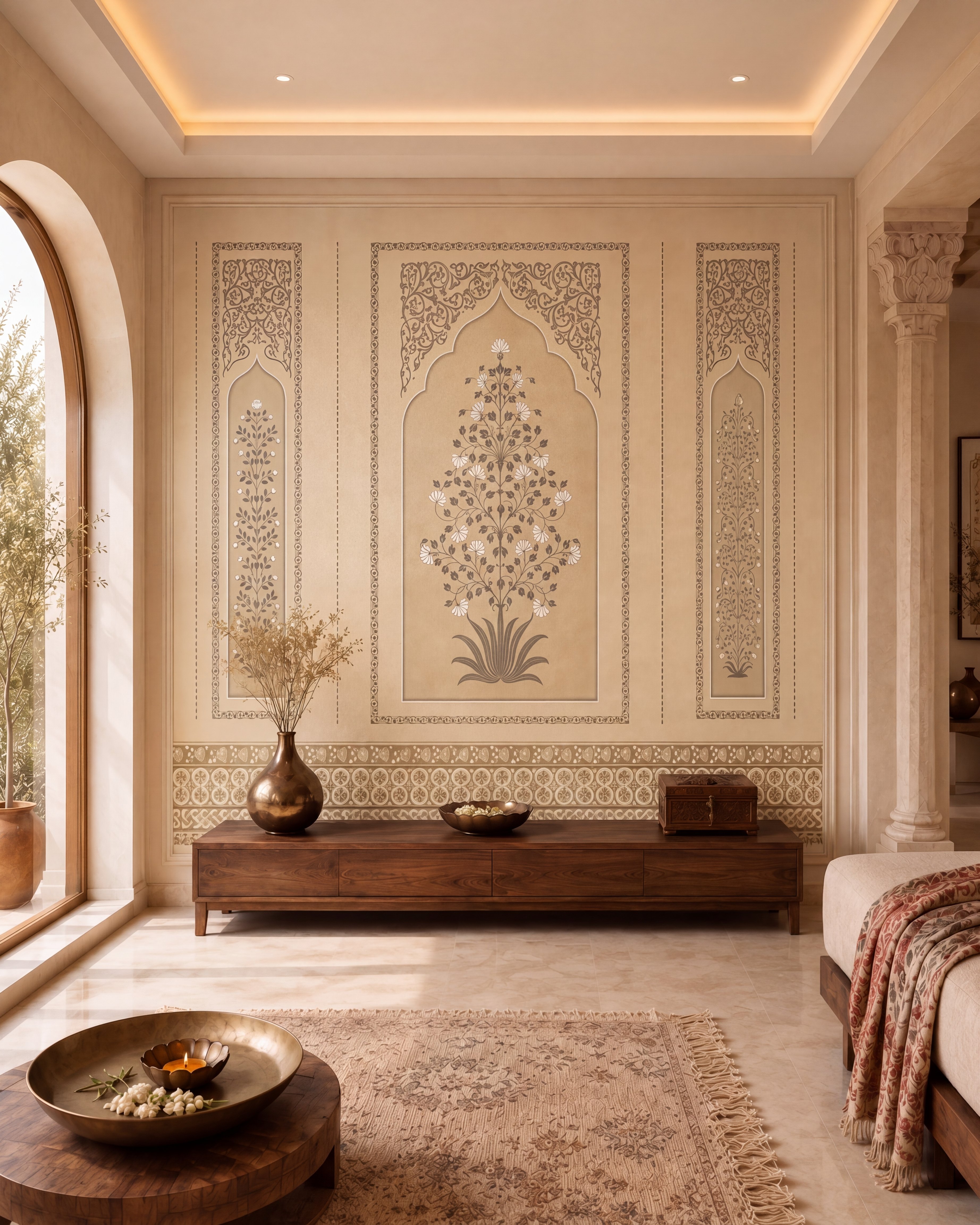 Traditional bedroom with Indian floral mural lamiante, walnut wood furniture, and beige marble flooring