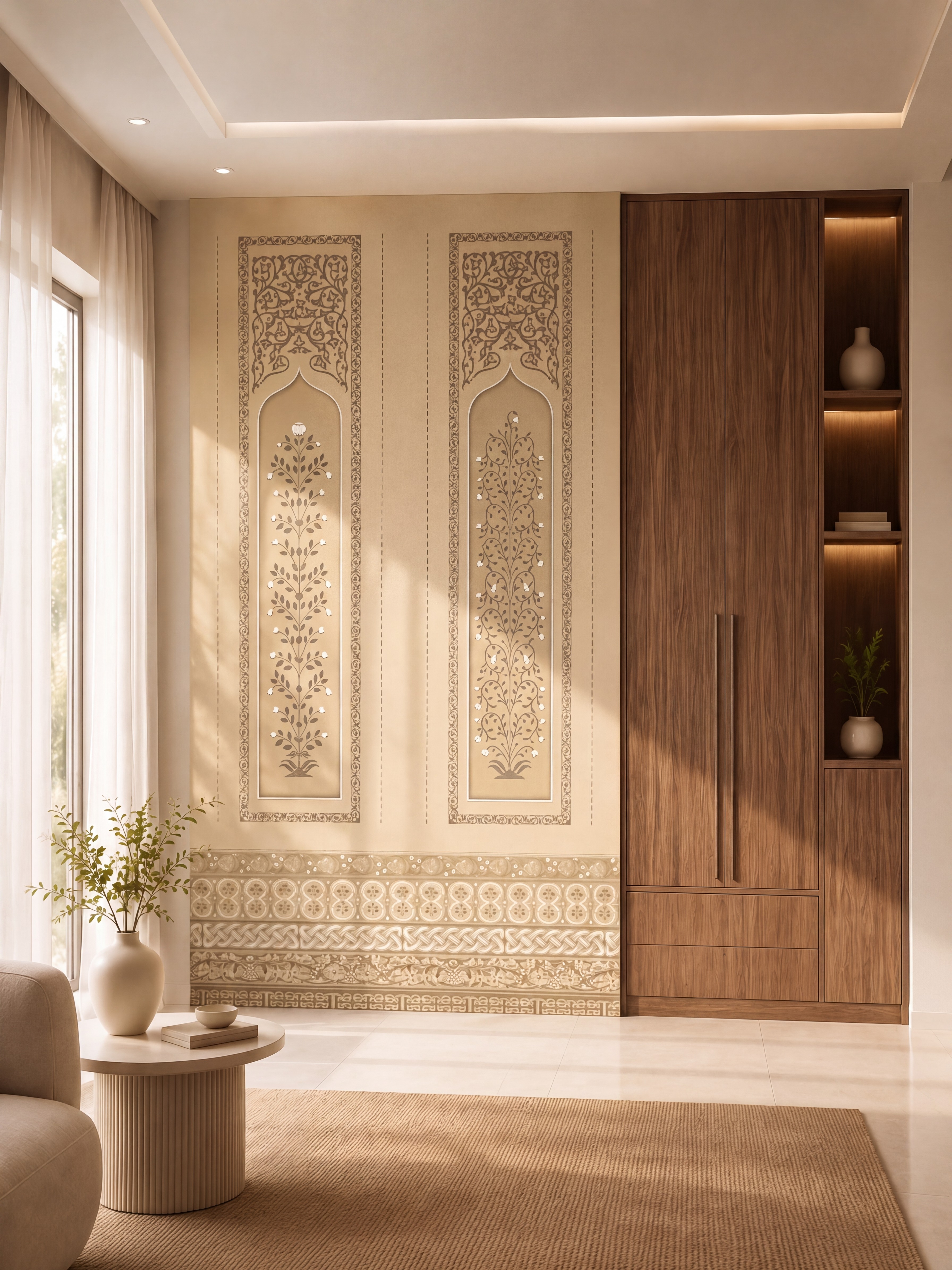 Traditional living room with carved beige wall panel and walnut wood laminate storage