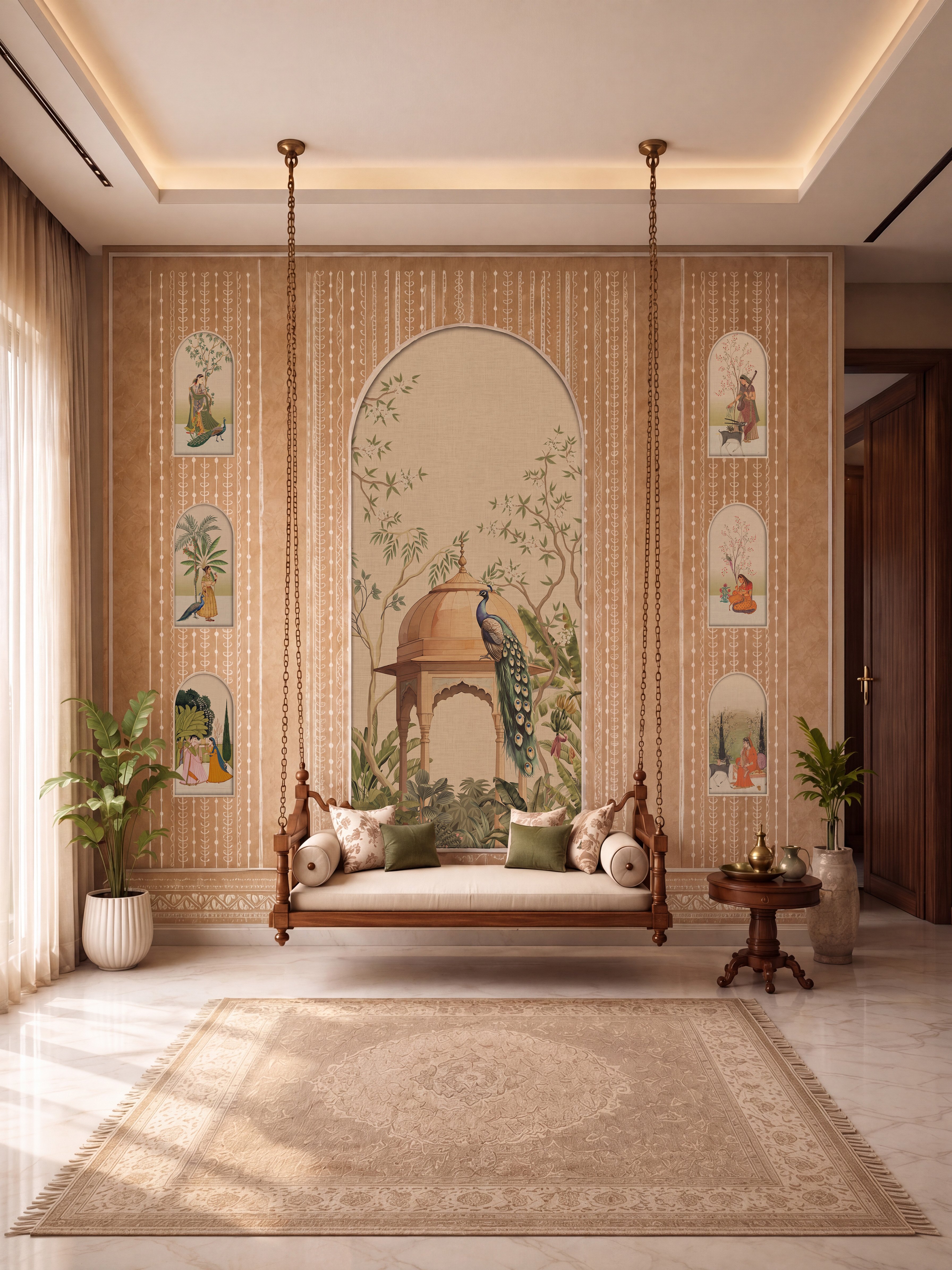 Traditional living room with Indian mural laminate, wooden swing, and beige marble flooring