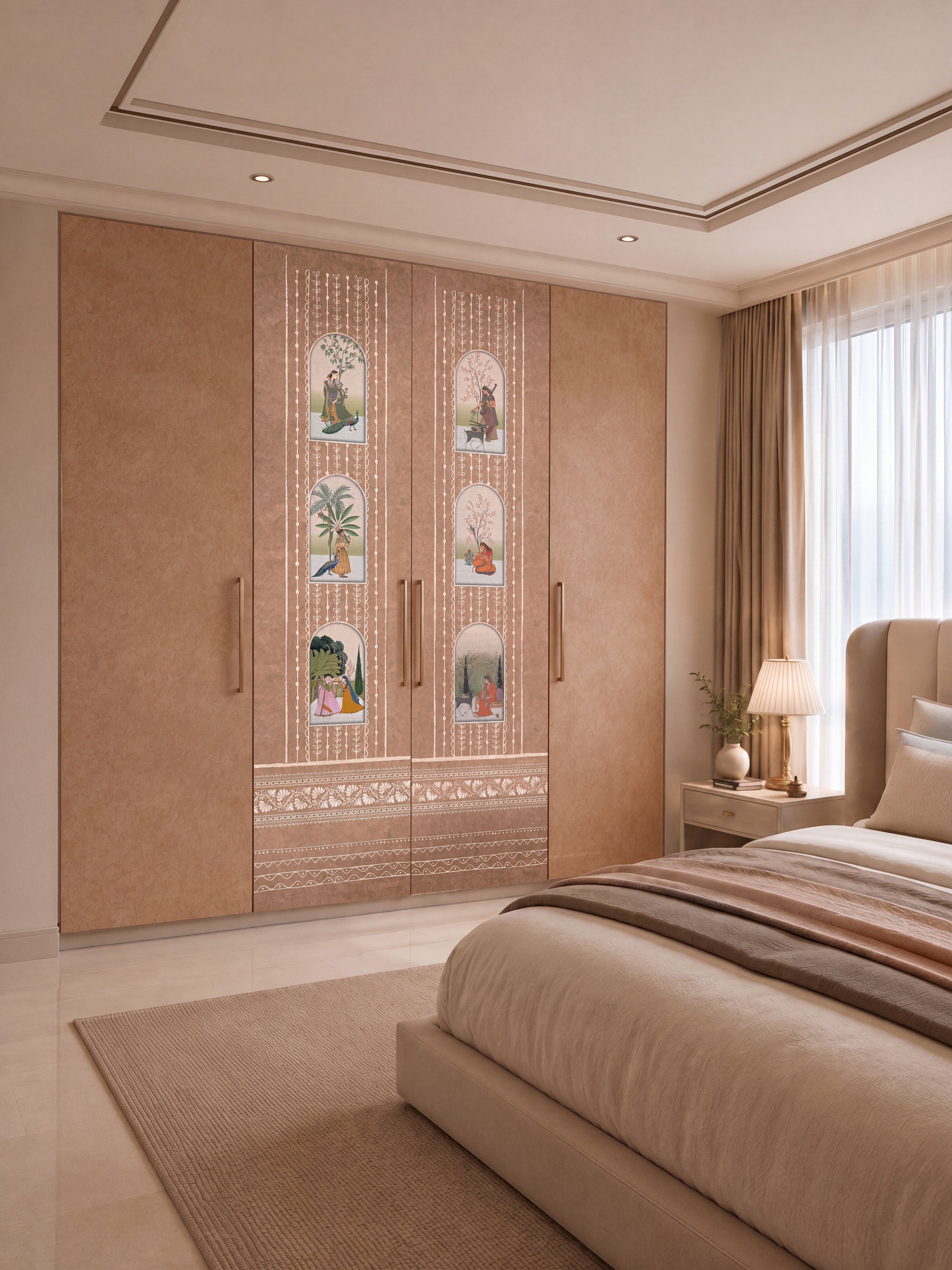 Traditional bedroom with Indian motif wardrobe, beige laminate, and cream marble flooring