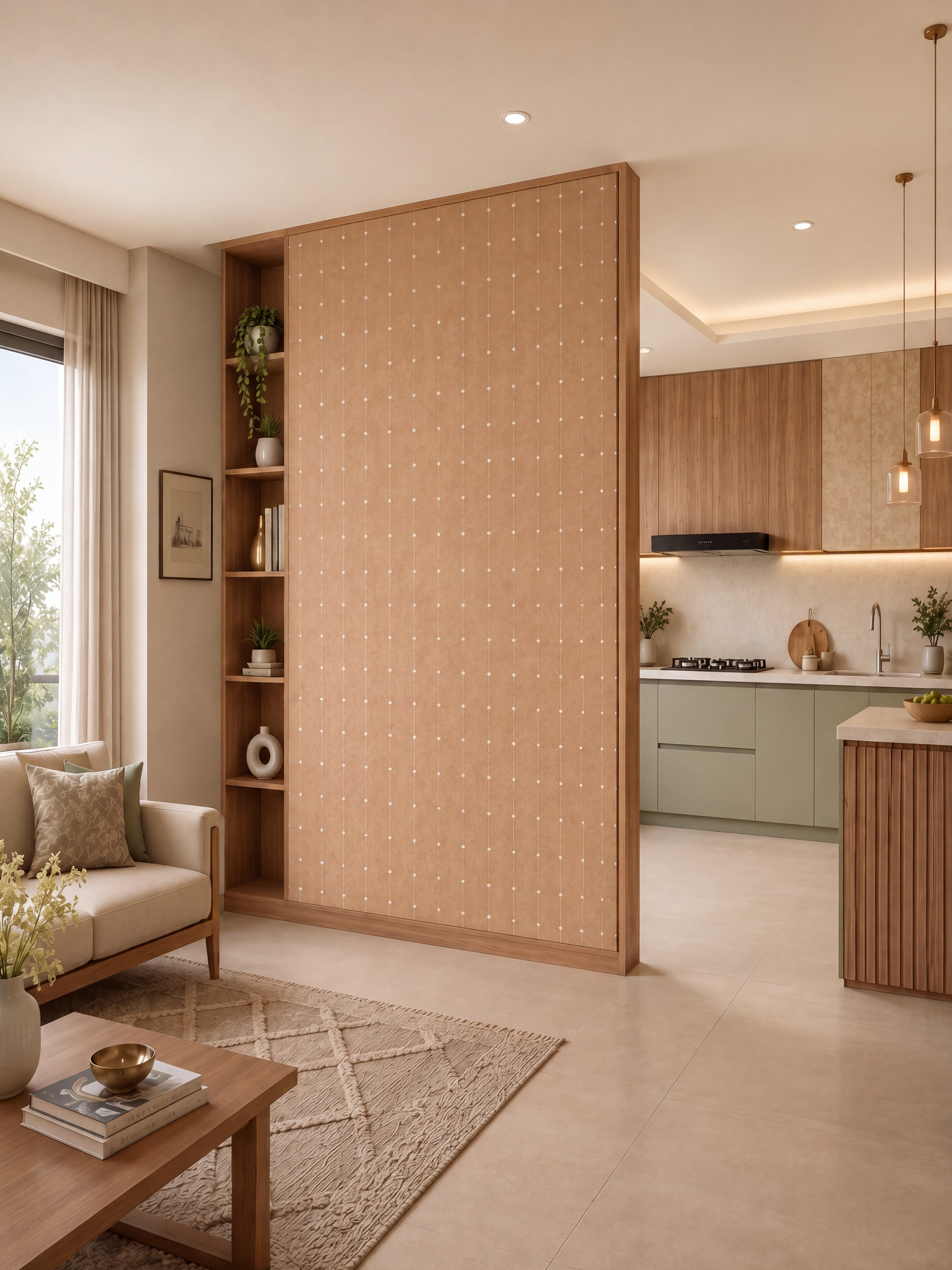 Scandinavian living room with beige patterned wall panel, oak wood laminate, and sage green kitchen cabinets