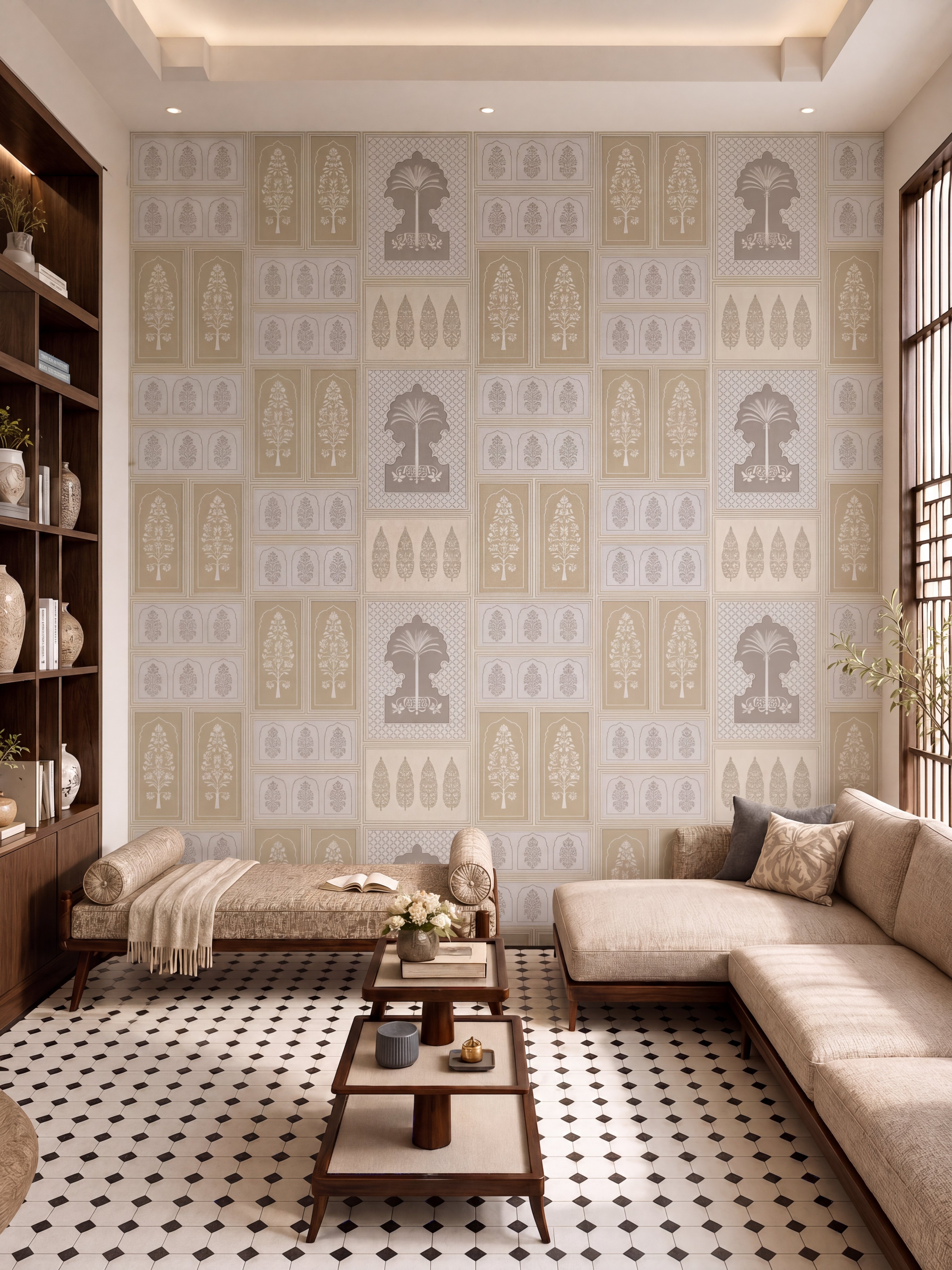 Mid-century modern living room with Indian patterned laminate, beige upholstery, and black-and-white geometric floor tiles
