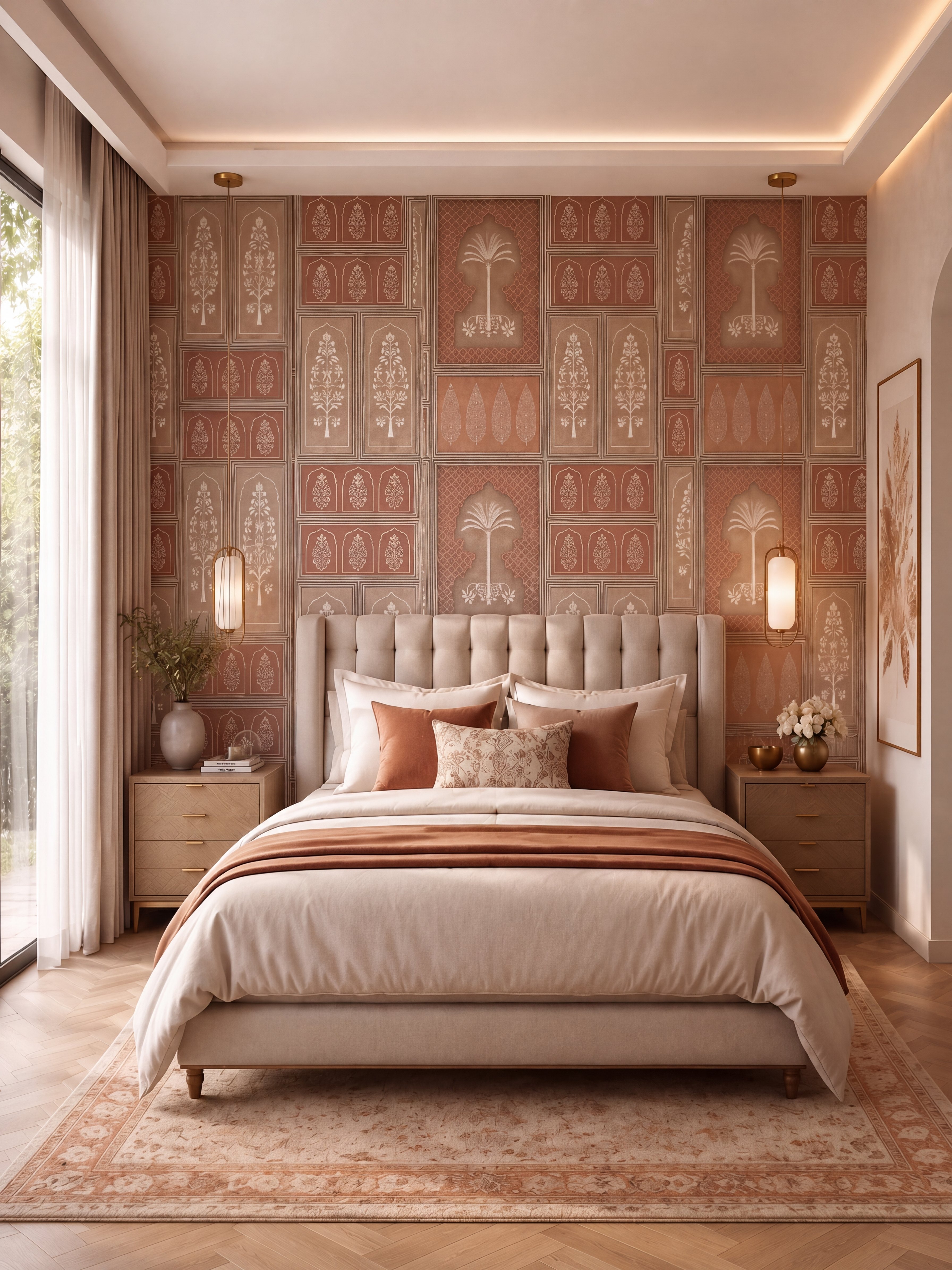 Traditional bedroom with terracotta patterned laminate, beige suede upholstered bed, and light oak wooden flooring