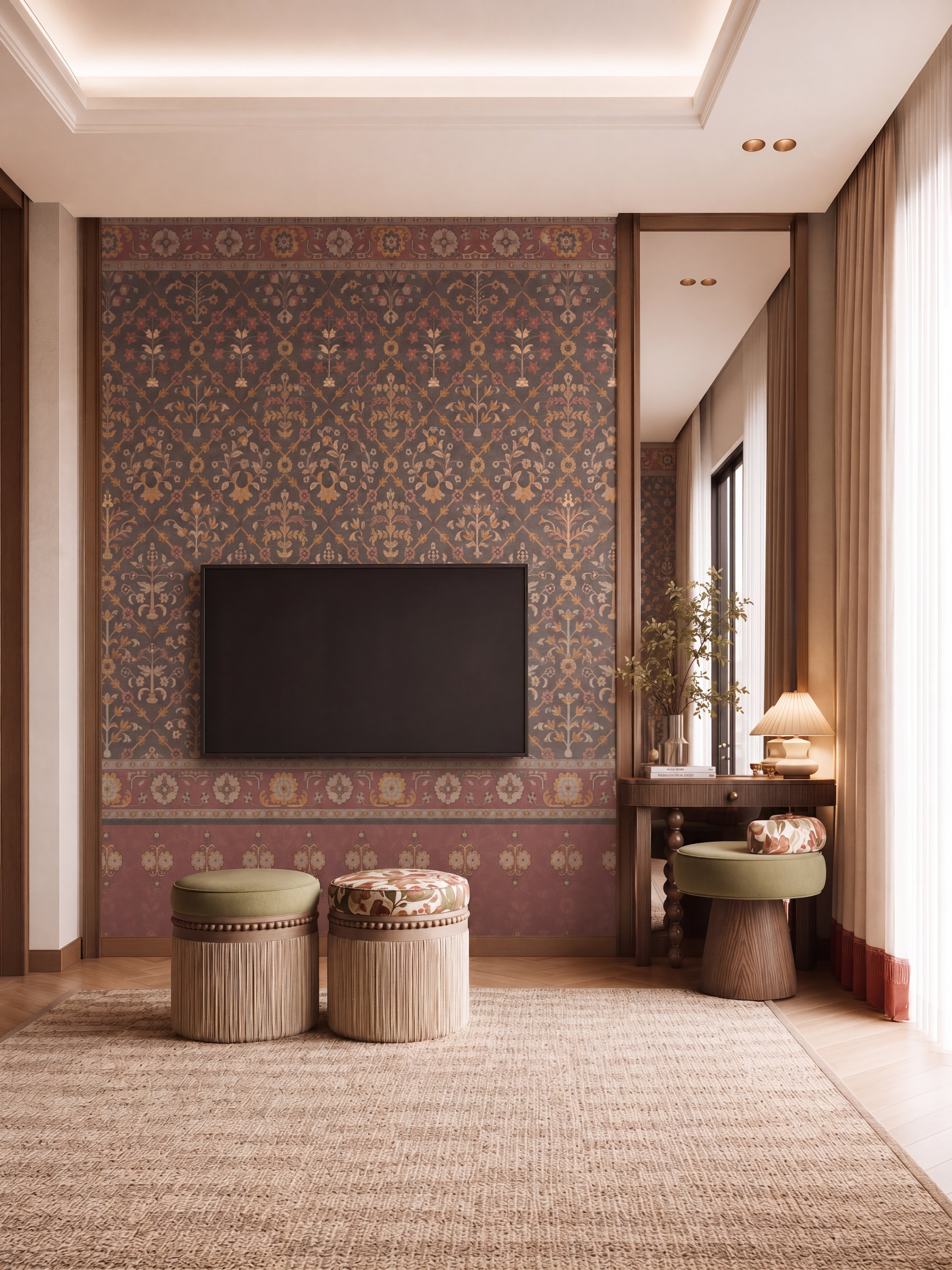 Eclectic living room with floral patterned laminate, natural jute rug, and wooden accents