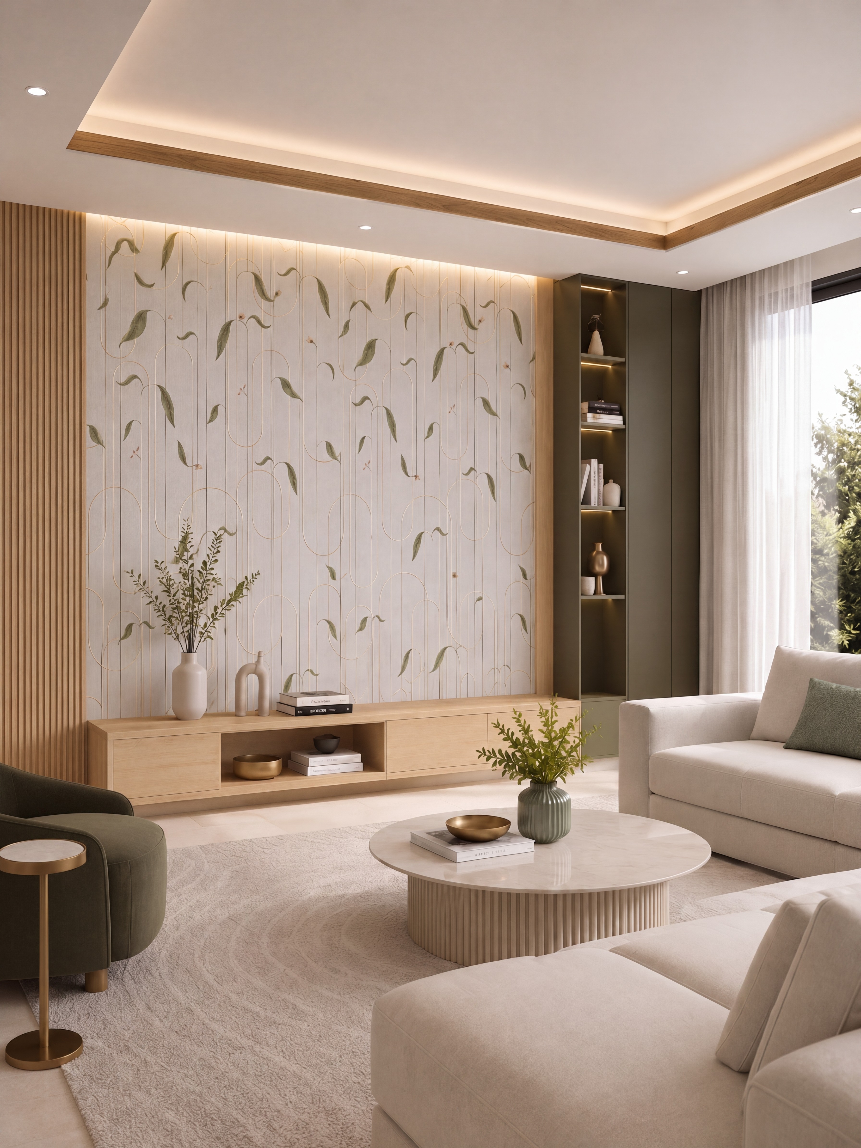 Scandinavian living room with botanical laminate, light wood louvers, and beige marble coffee table