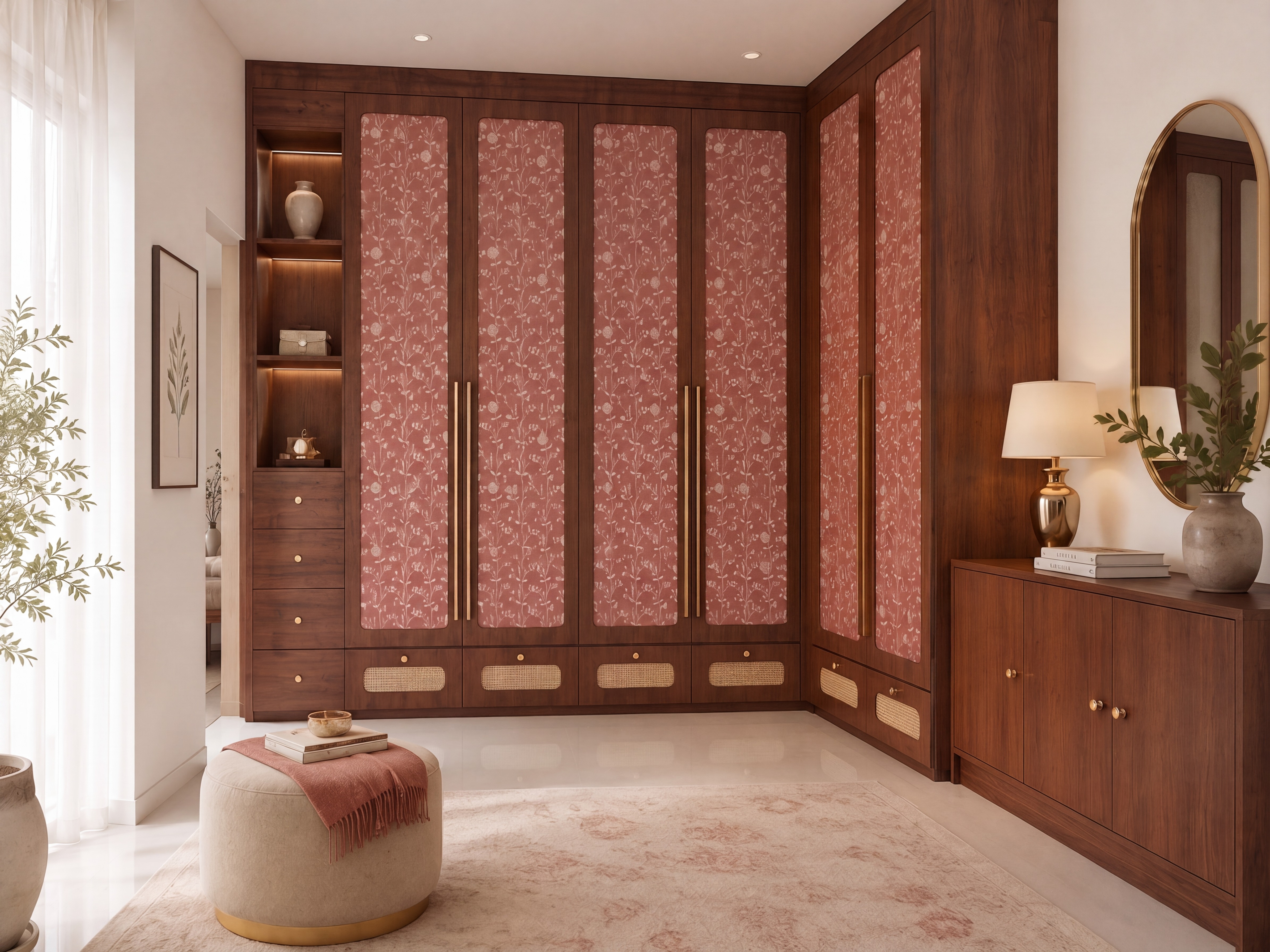 Mid-century modern wardrobe with walnut wood laminate and blush pink floral patterned laminate shutters
