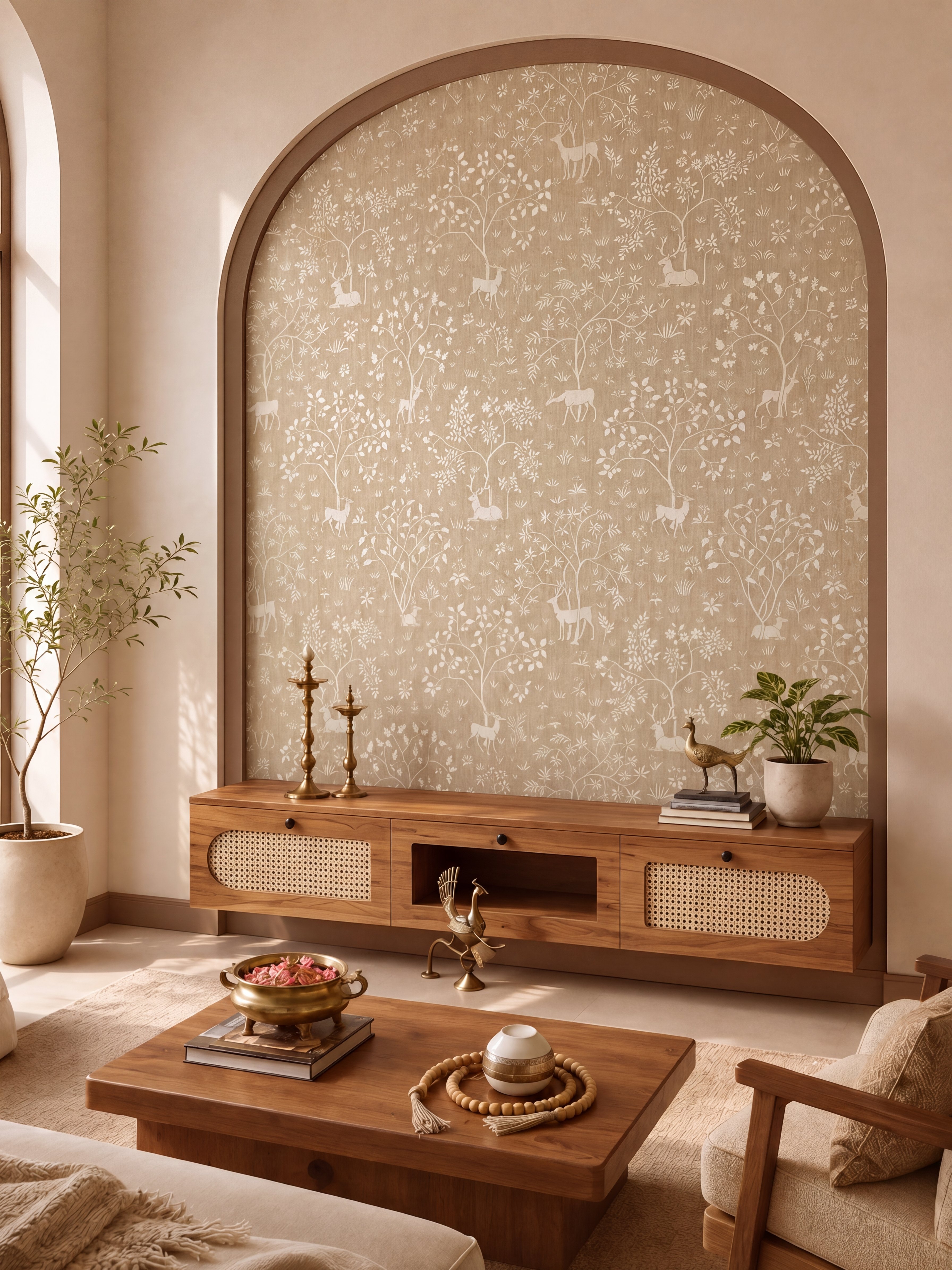 Scandinavian living room with natural wood TV unit, cane shutters, and beige Indian patterned laminate
