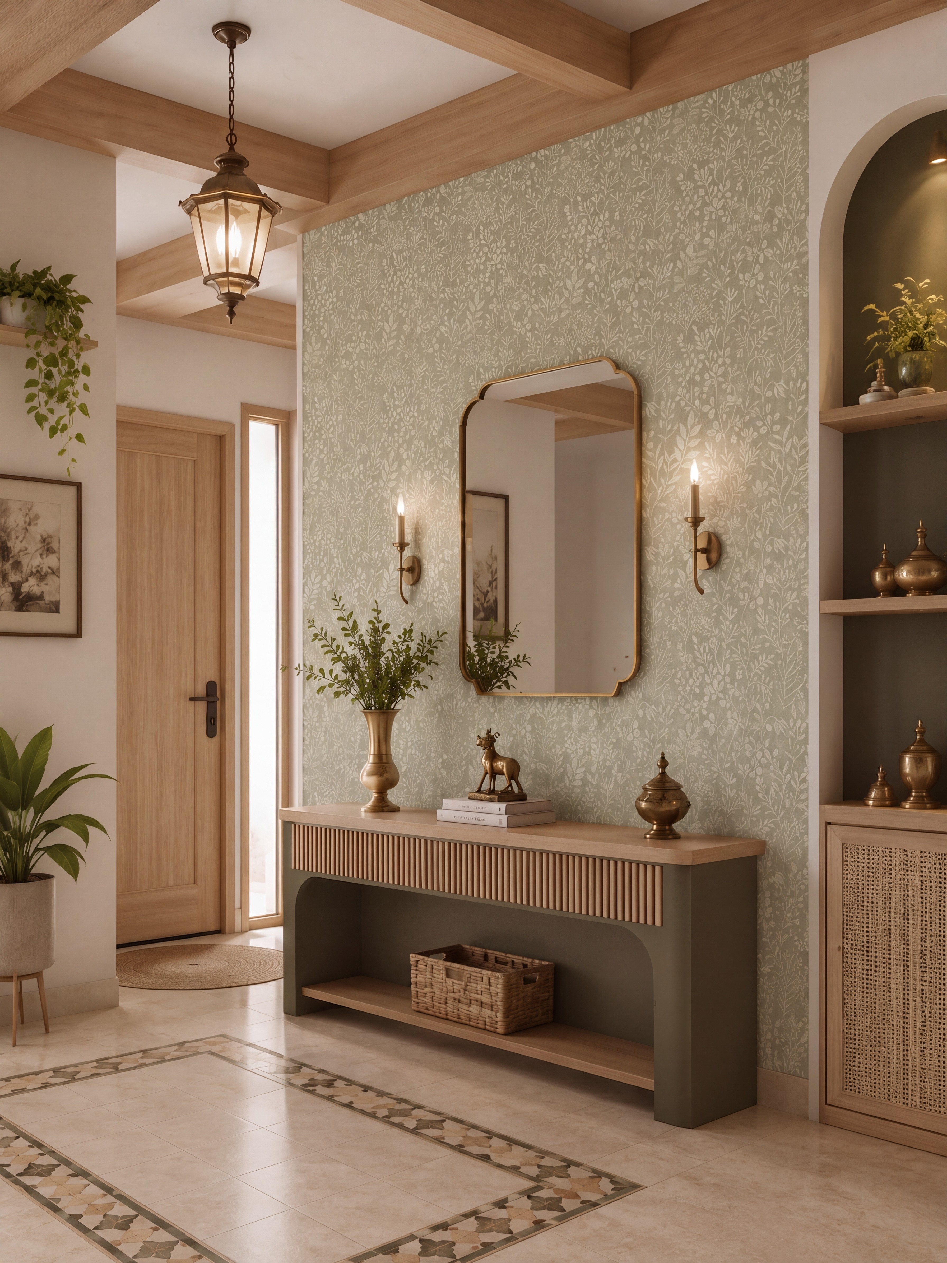 Scandinavian foyer with sage green floral laminate, light wood laminate console, and patterned border floor tiles