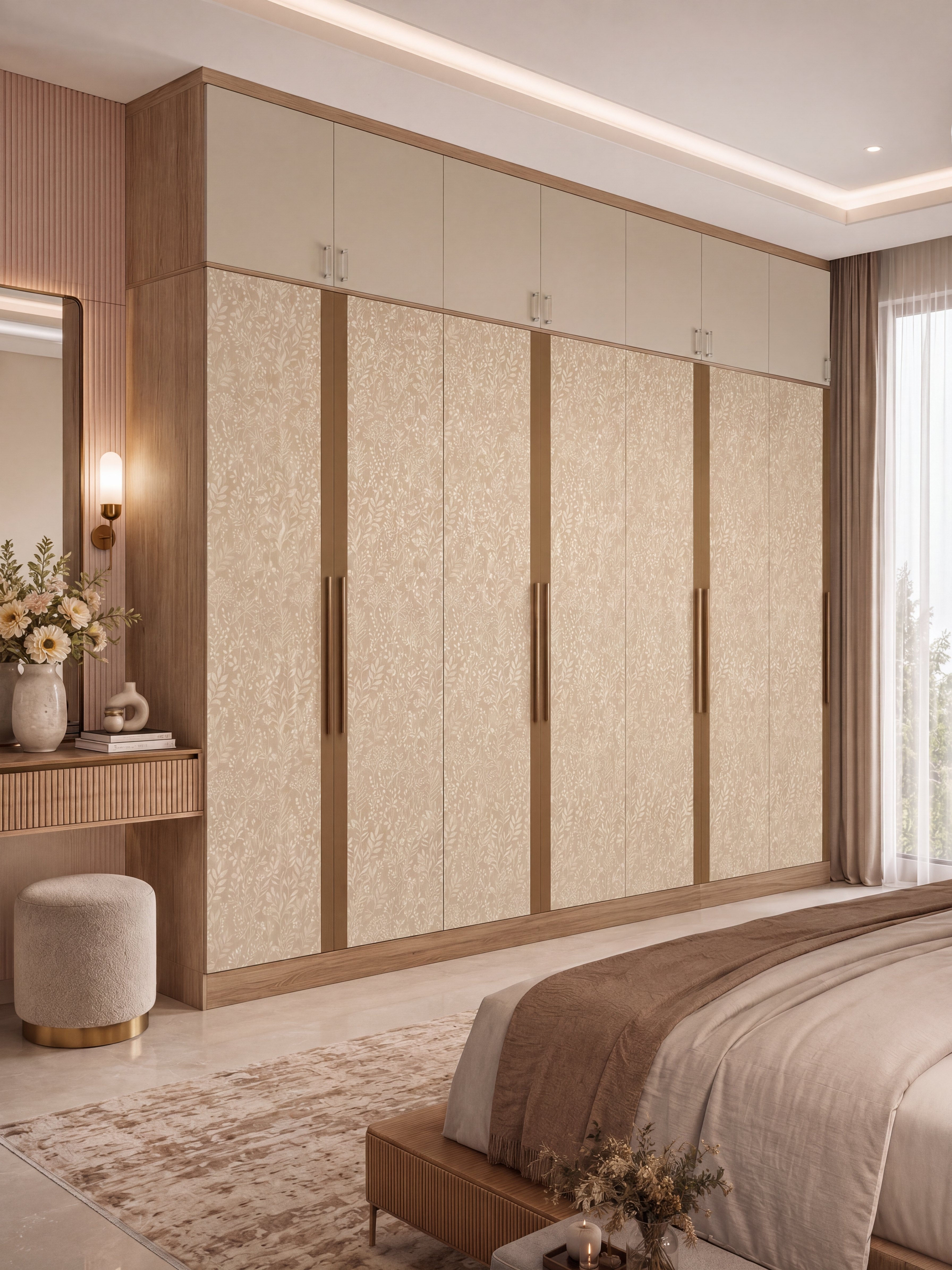 Modern bedroom with beige floral patterned laminate wardrobe and light wood accents