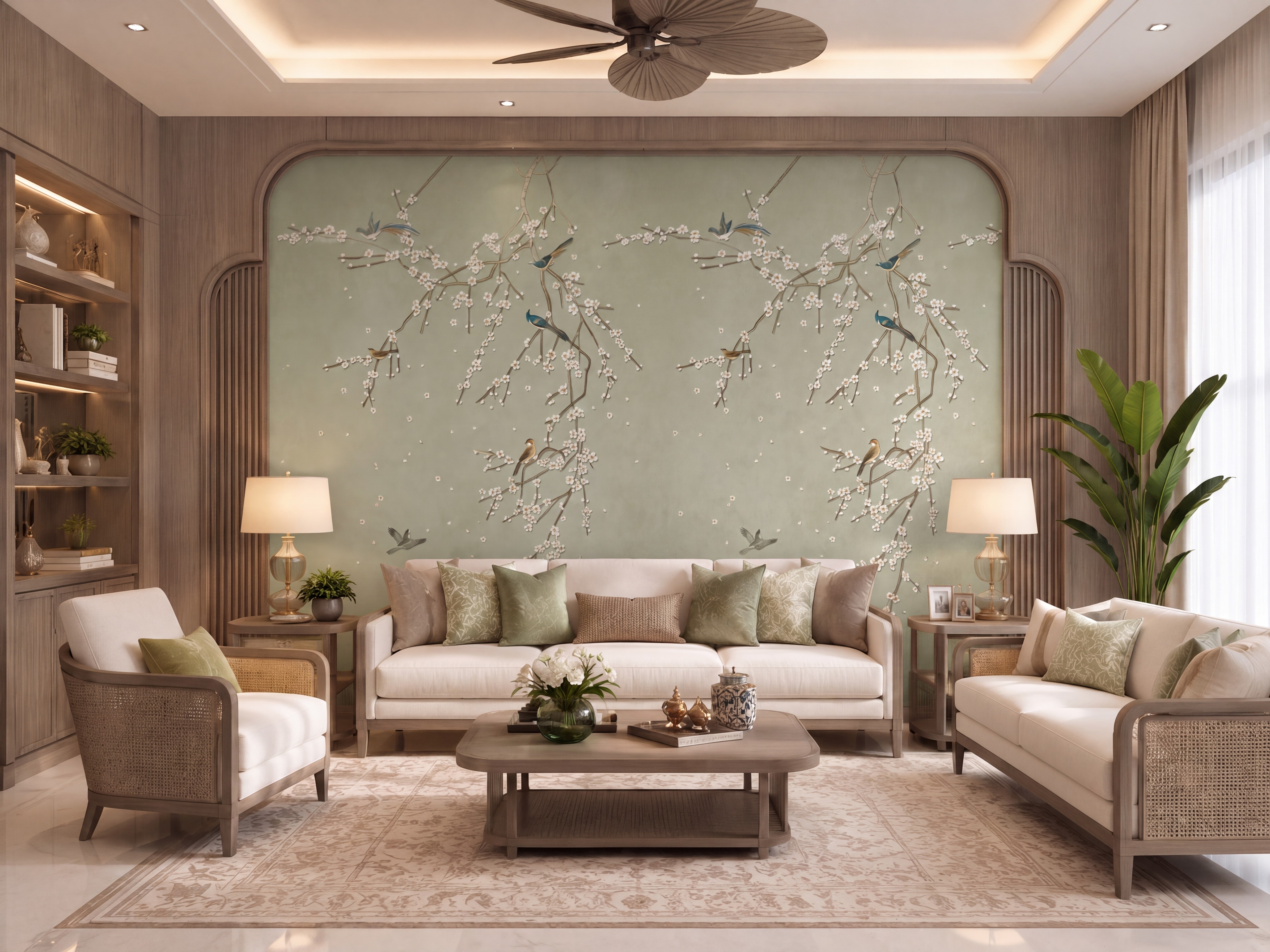 Japandi living room with chinoiserie laminate, natural wood panels, and beige marble floor tile