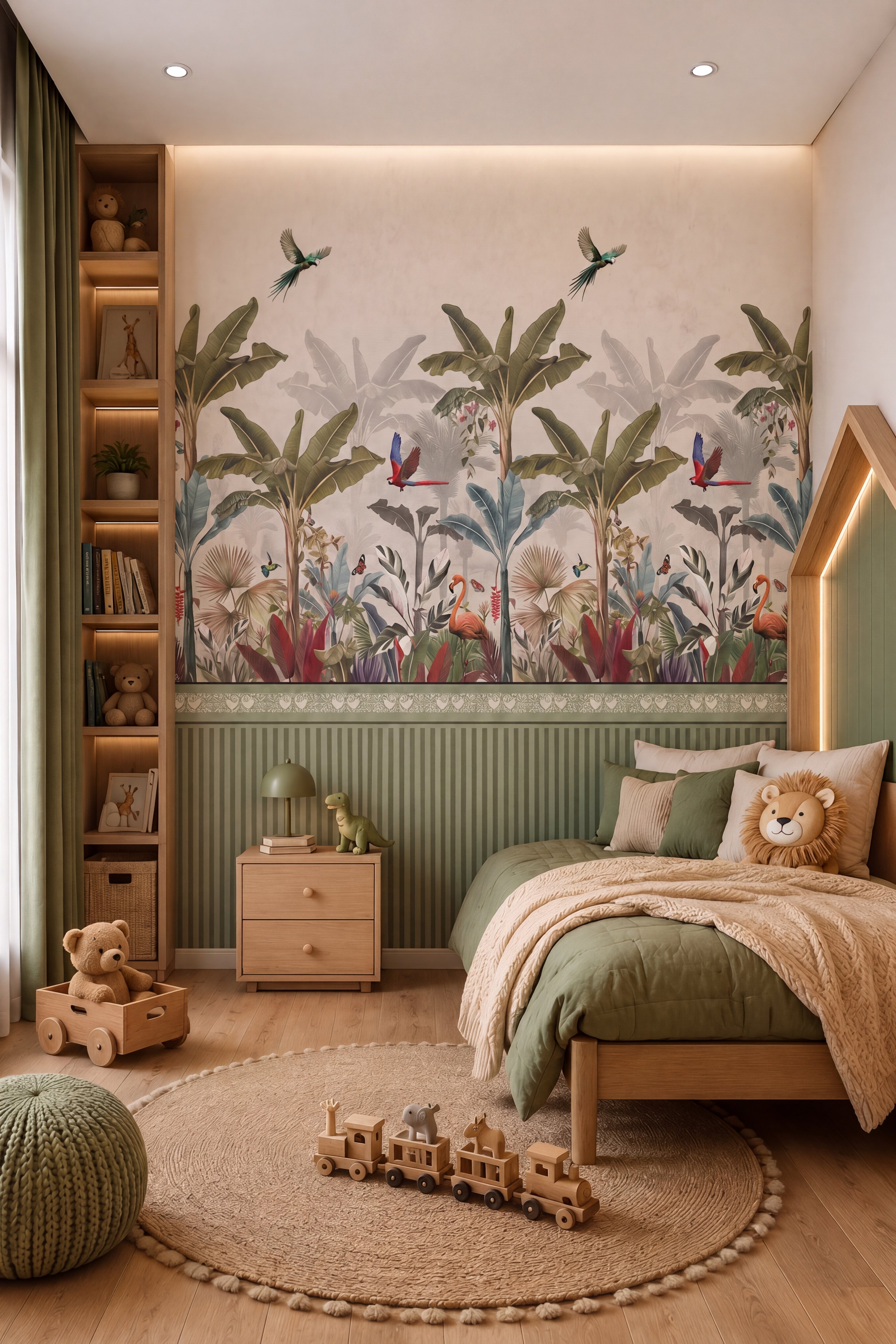 Scandinavian kids room with tropical laminate, sage green fluted wall panels, and light oak wooden flooring