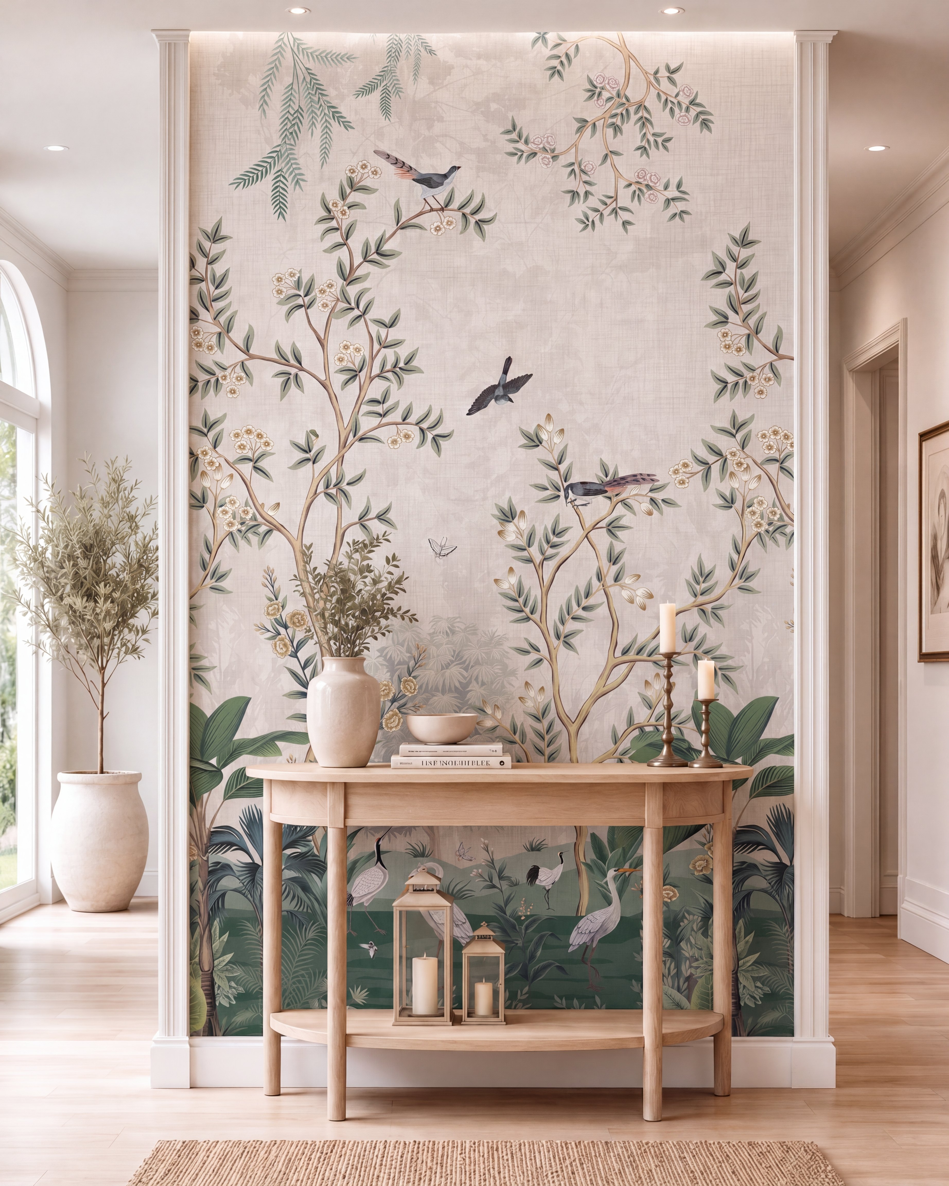 Japandi foyer with chinoiserie laminate and light oak wood console table
