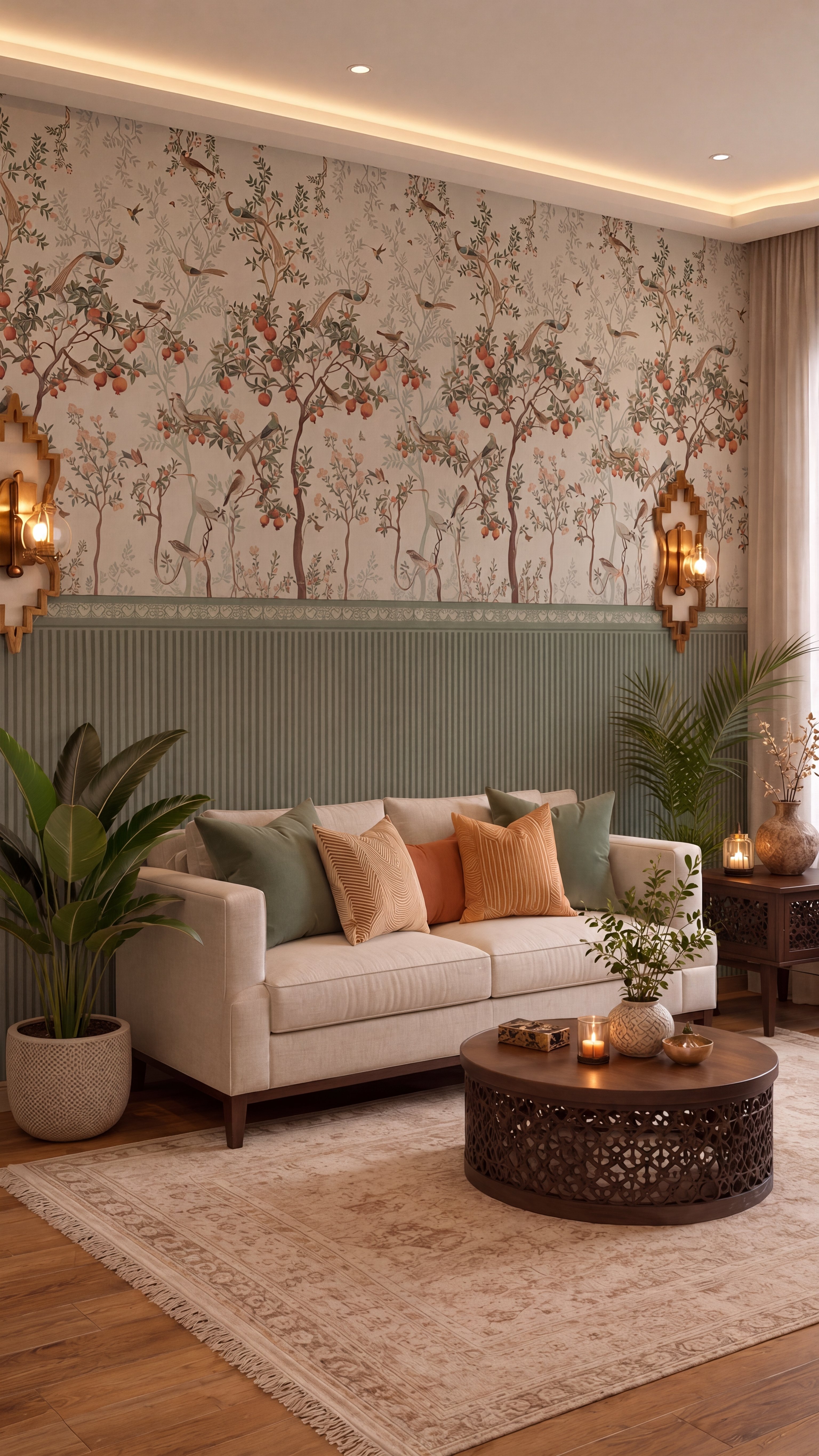 Eclectic living room with chinoiserie laminate, sage green fluted wall panels, and wooden flooring