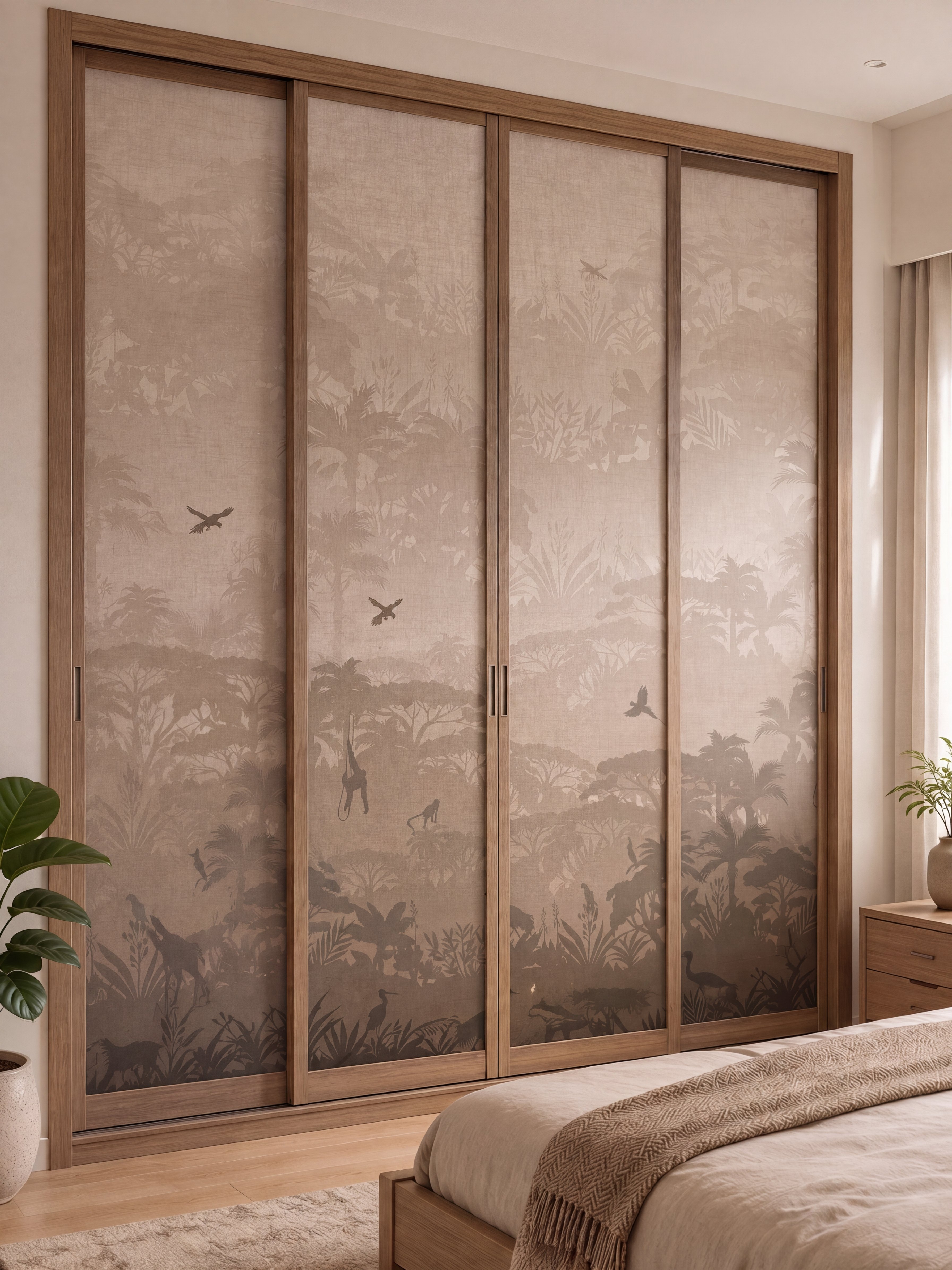 Japandi bedroom with natural wood wardrobe and botanical patterned sliding panels