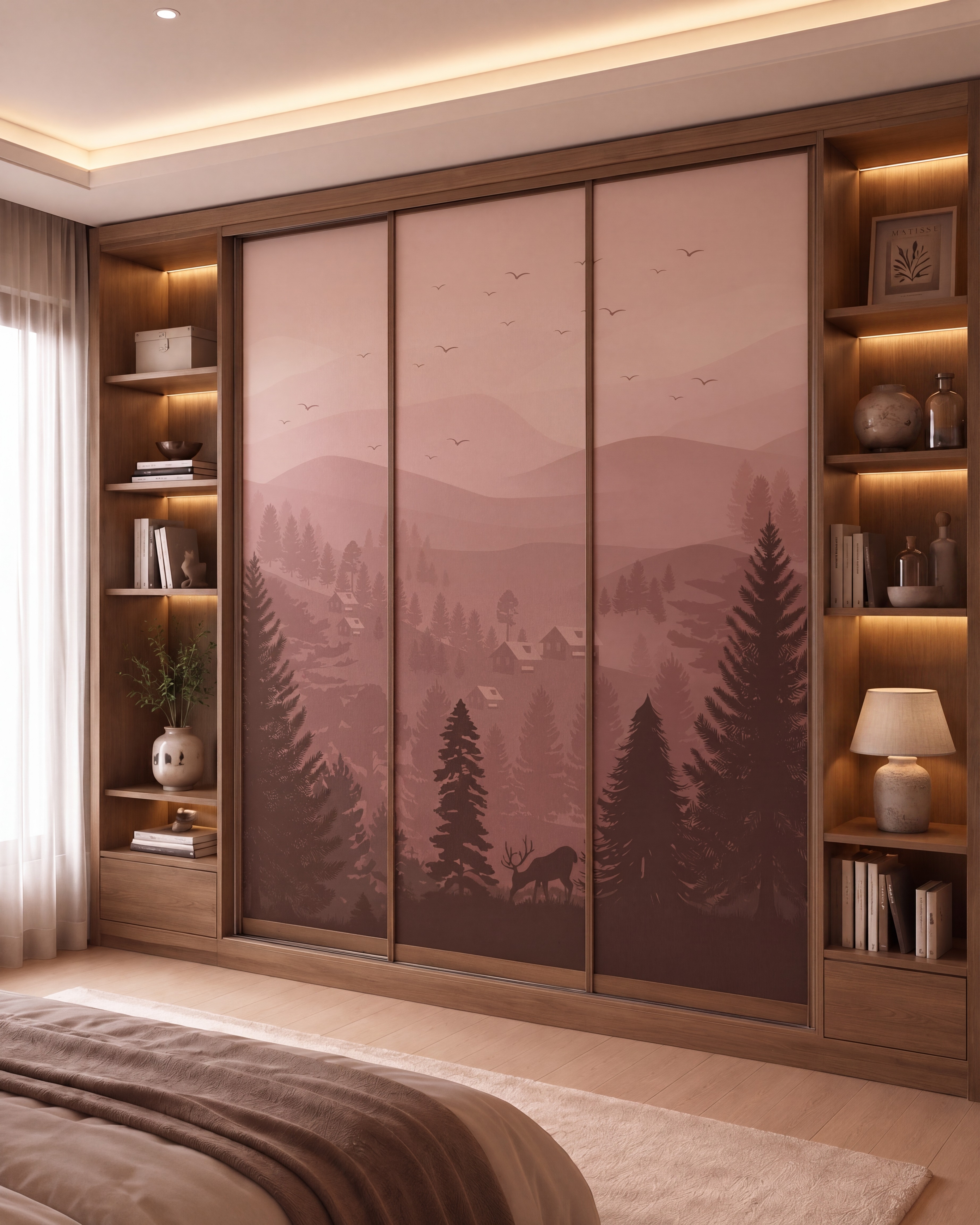 Scandinavian bedroom with blush pink landscape wardrobe panels and natural oak laminate