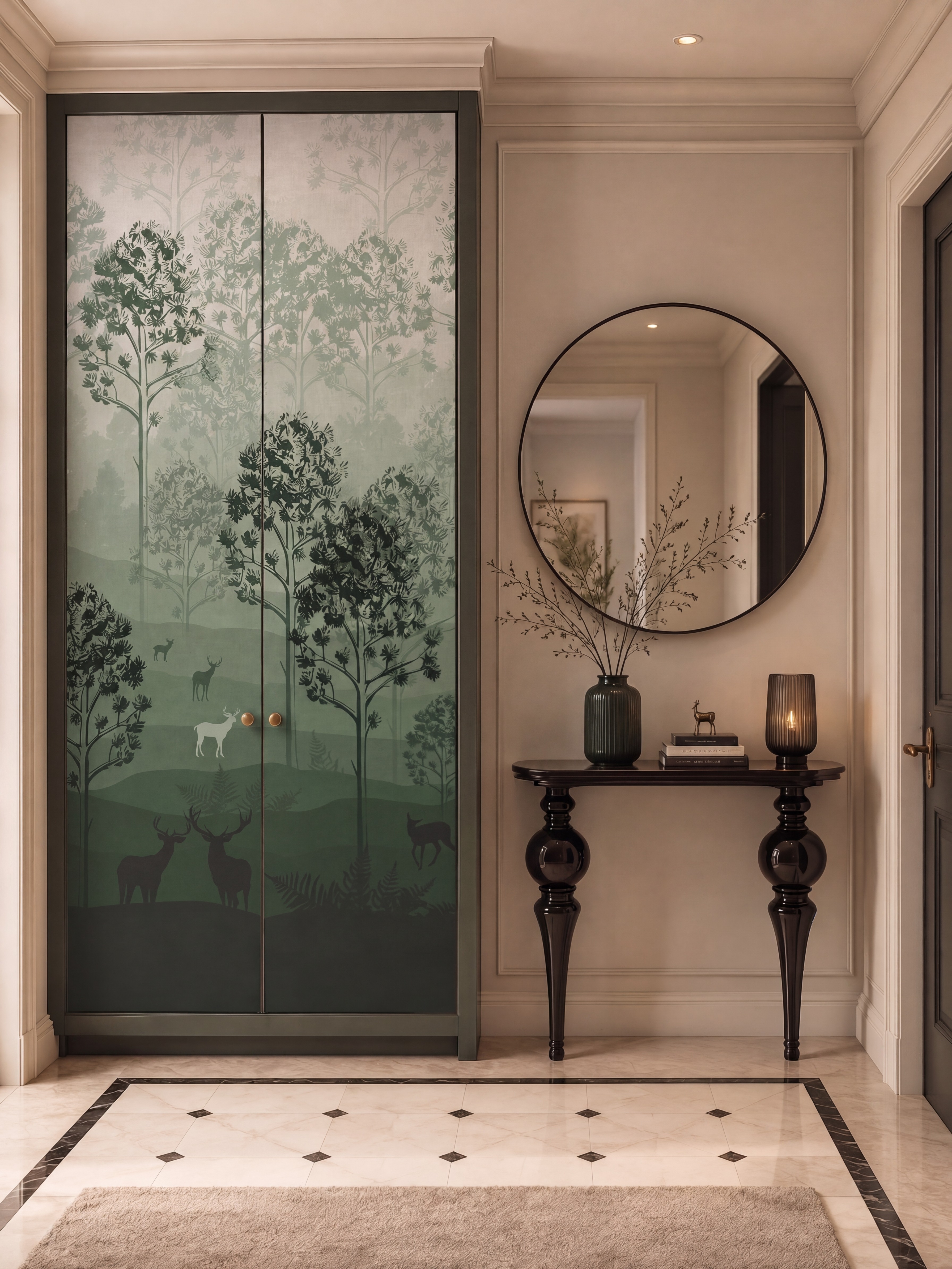 Art Deco foyer with forest-themed wardrobe, patterned laminate, and marble floor tile