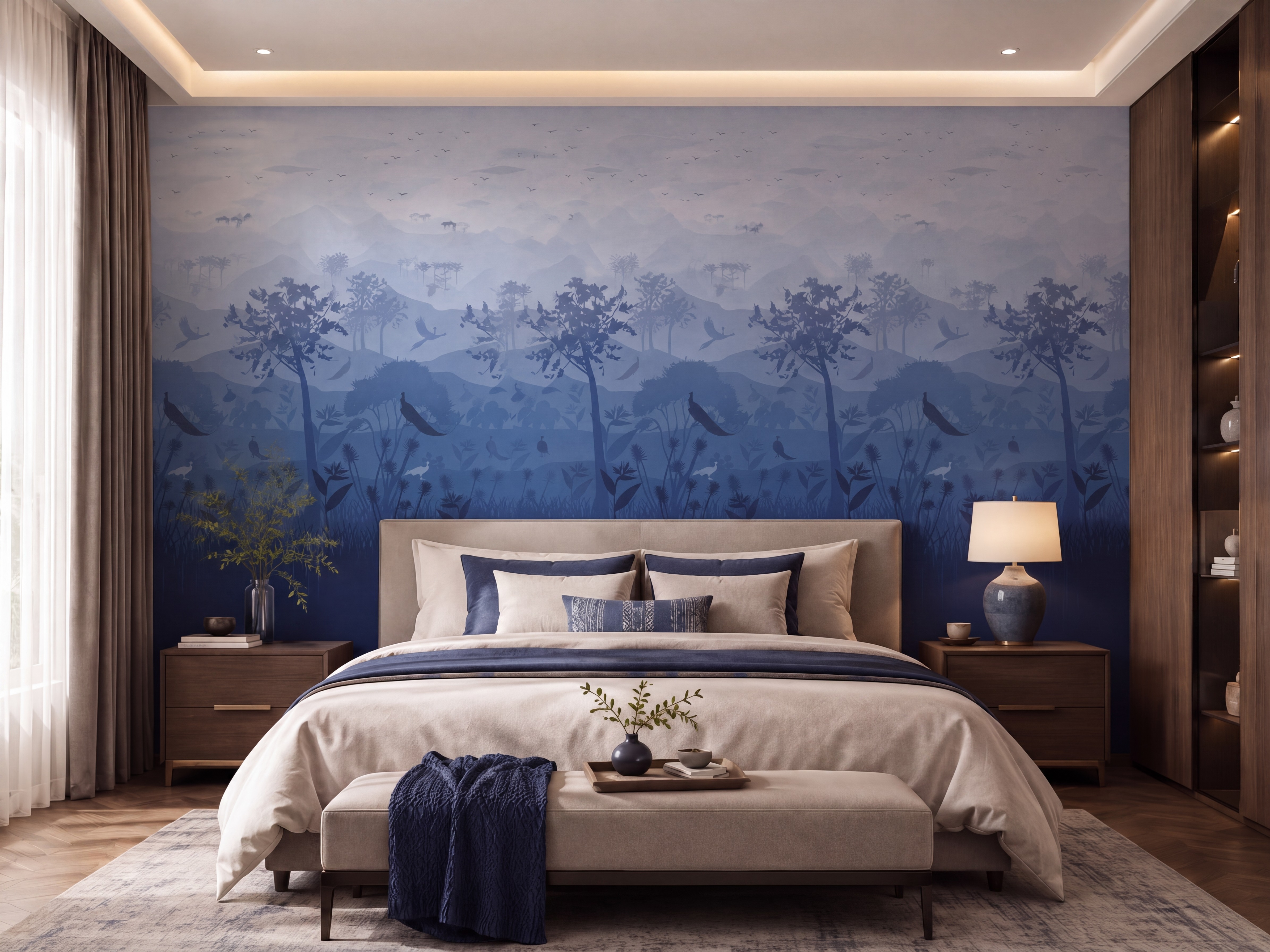 Modern bedroom with blue nature mural laminate, beige suede upholstered bed, and walnut wood furniture