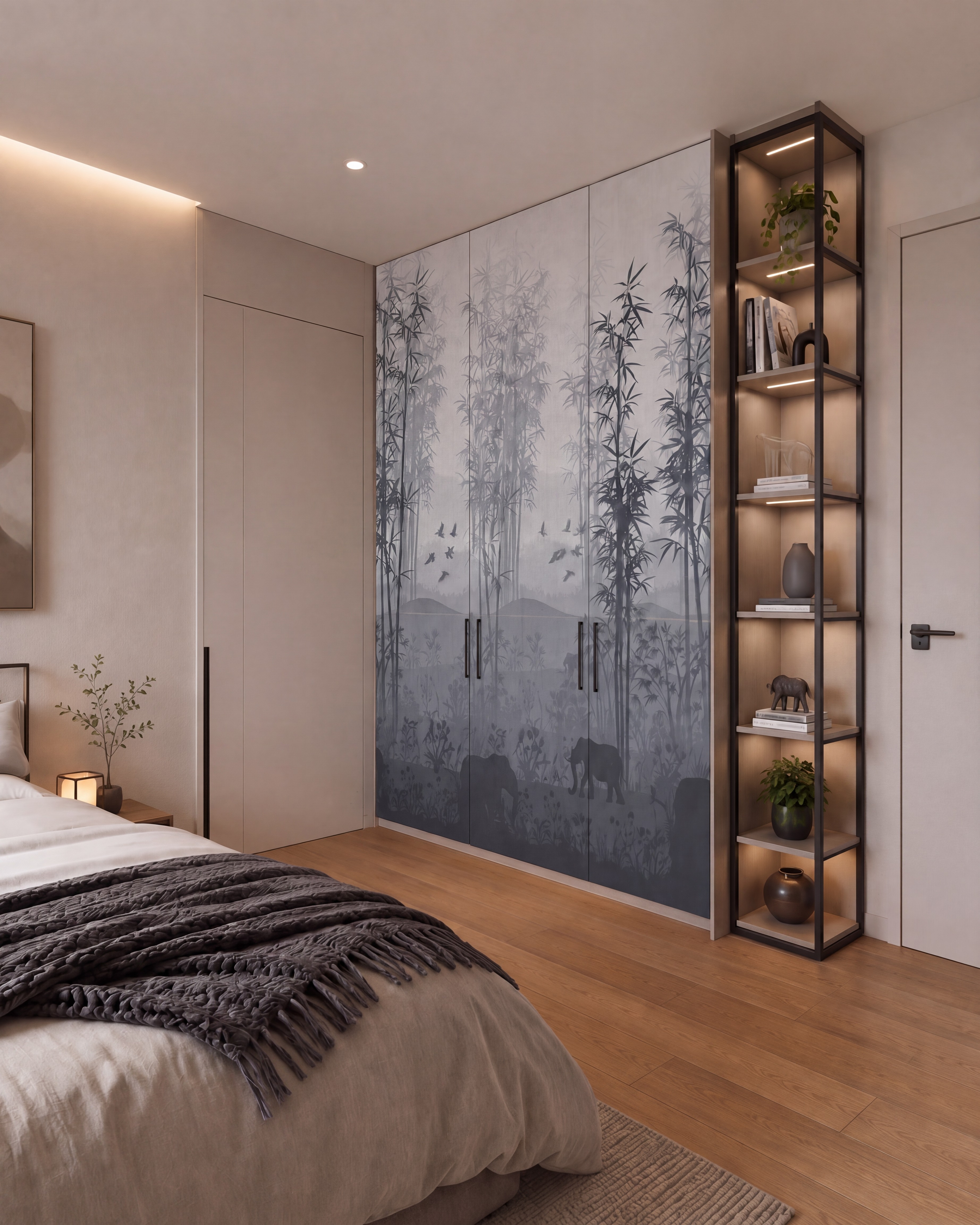 Japandi bedroom with chinoiserie wardrobe laminate and natural wood flooring