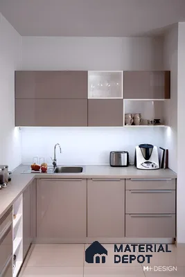 Taupe Gloss Finish Modular Kitchen With Open Shelves And White Accents | Material Depot