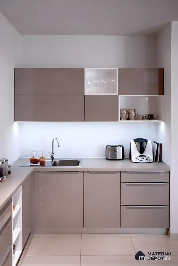 Taupe Gloss Finish Modular Kitchen With Open Shelves And White Accents | Material Depot