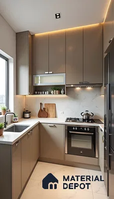 Taupe Tones & Marble Backsplash: Cozy Modern Kitchen | Material Depot