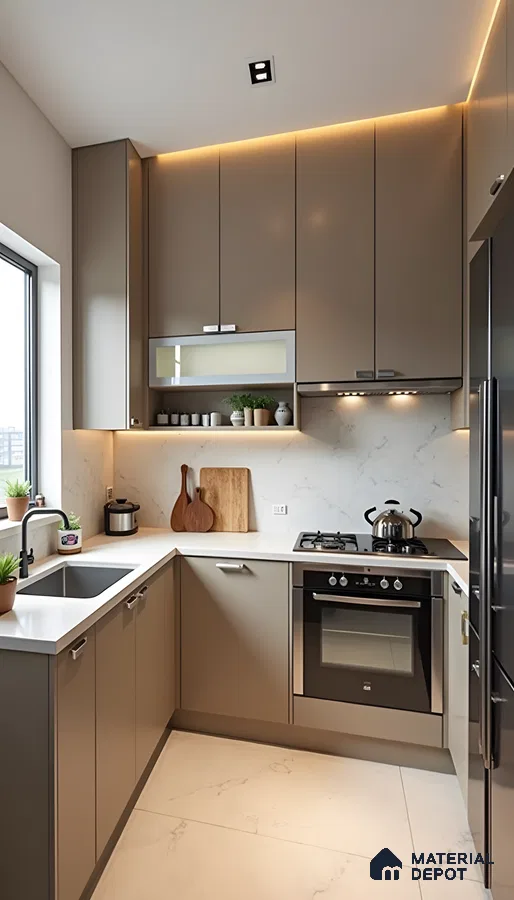 Taupe Tones & Marble Backsplash: Cozy Modern Kitchen | Material Depot