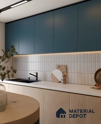Teal And Birch Modern Kitchen With Vertical Tiles | Material Depot