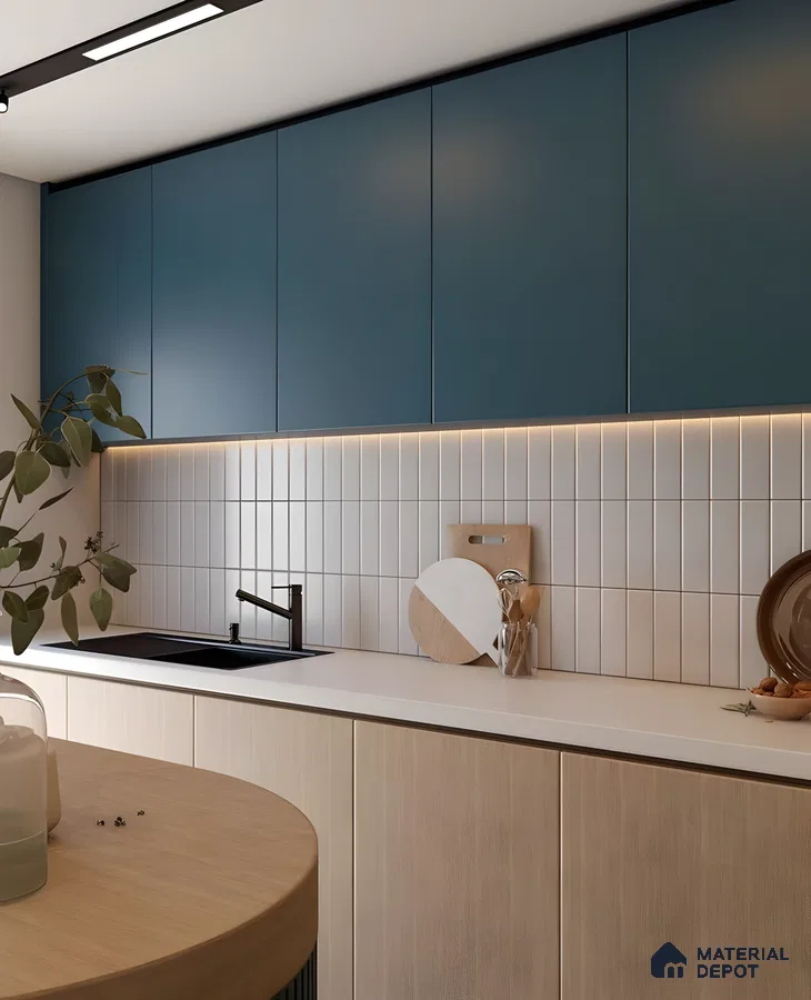 Teal And Birch Modern Kitchen With Vertical Tiles | Material Depot