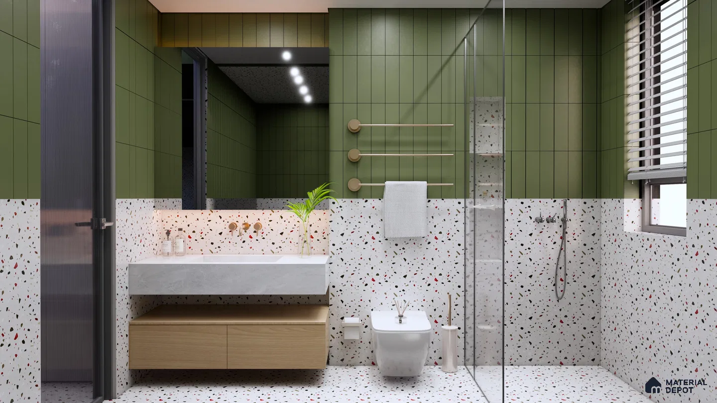 Bold Bathroom with Red and White Geometric Tiles and Warm Brass Accents | Material Depot