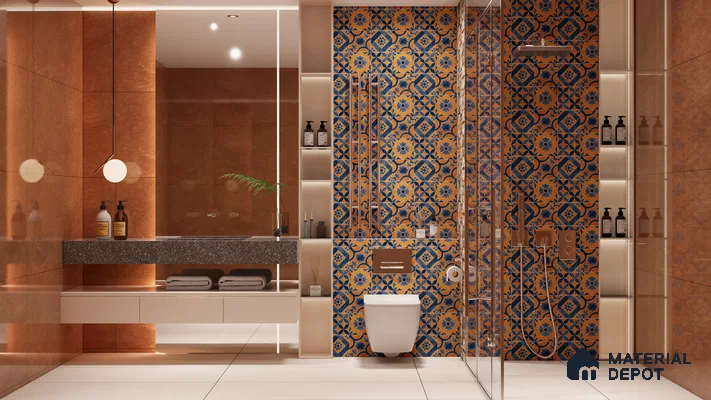 Terracotta & Blue Moroccan Tile Accent in Modern Bathroom | Material Depot