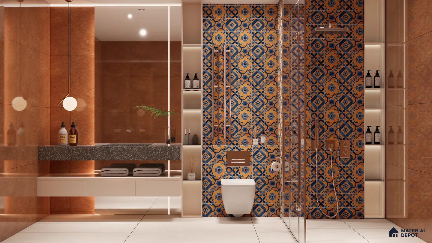 Terracotta & Blue Moroccan Tile Accent in Modern Bathroom | Material Depot
