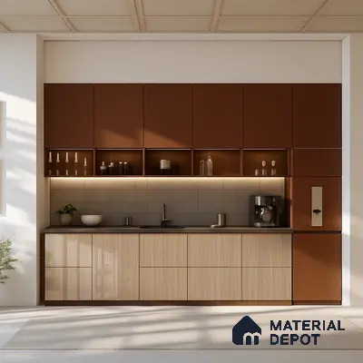 Terracotta and Oak Kitchen with Glossy Cabinets and Grid Tile Backsplash | Material Depot