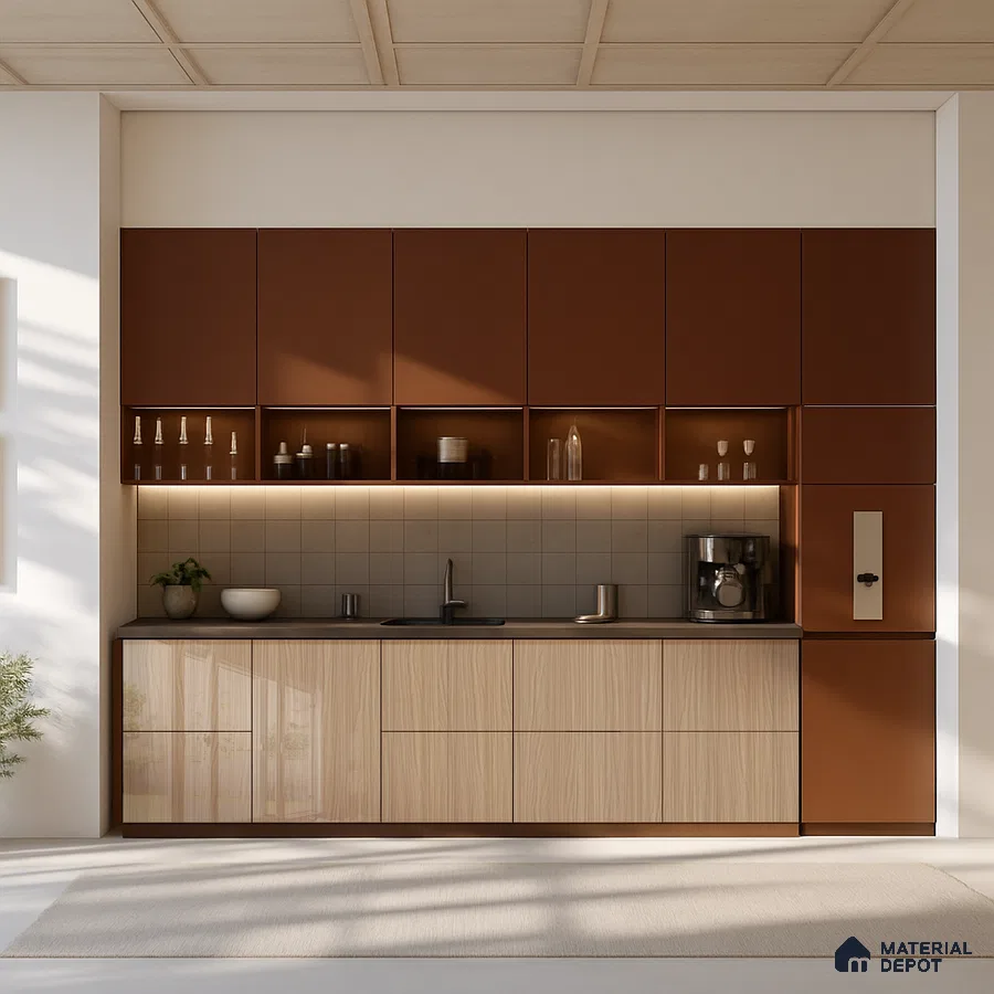 Terracotta and Oak Kitchen with Glossy Cabinets and Grid Tile Backsplash | Material Depot