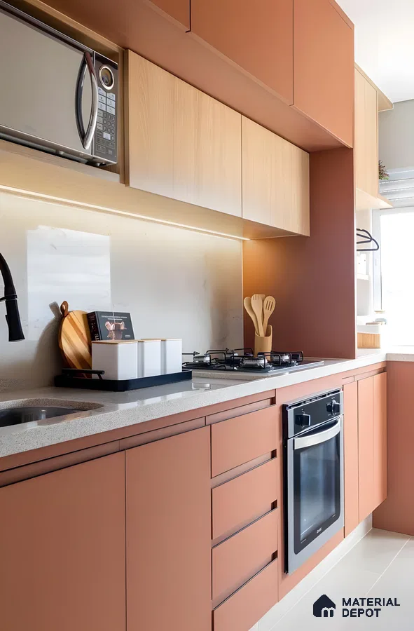 Terracotta And Wood-Toned Compact Kitchen With Granite Countertop | Material Depot