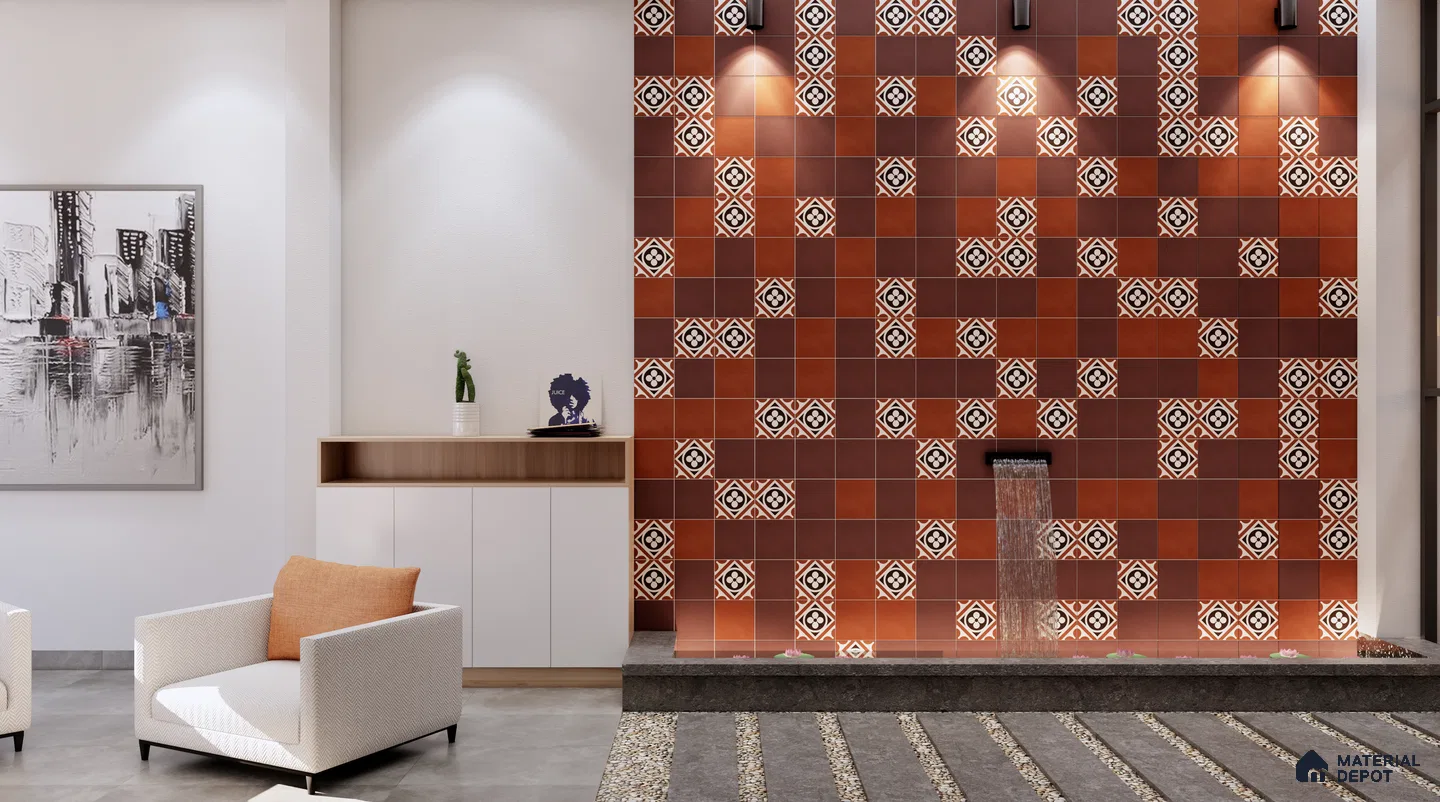 Terracotta Water Feature Wall with Geometric Accent Tiles | Material Depot